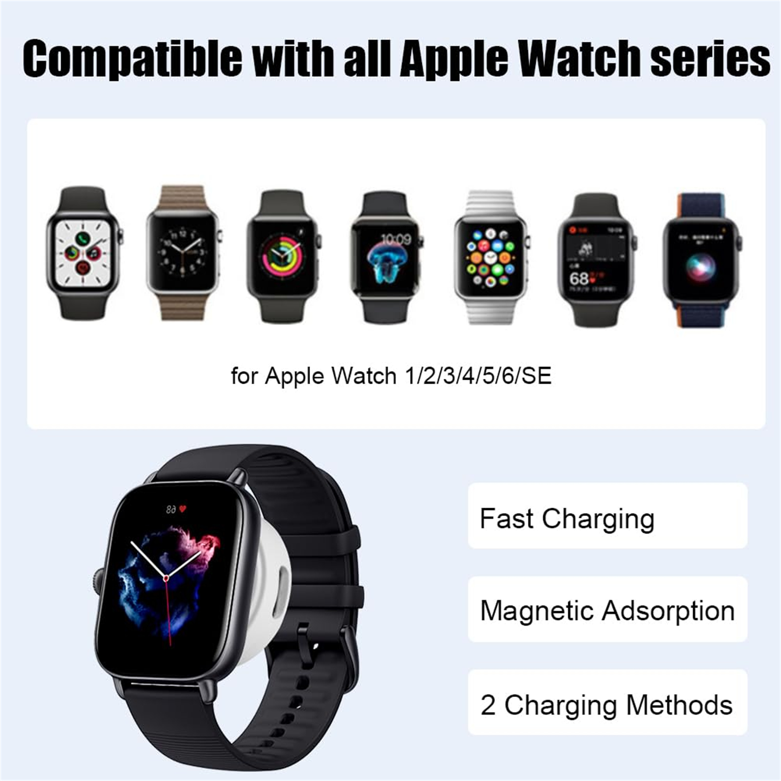 Mehrere Apple Watches und eine Ladestation, mit Text zu Kompatibilität und Funktionen.