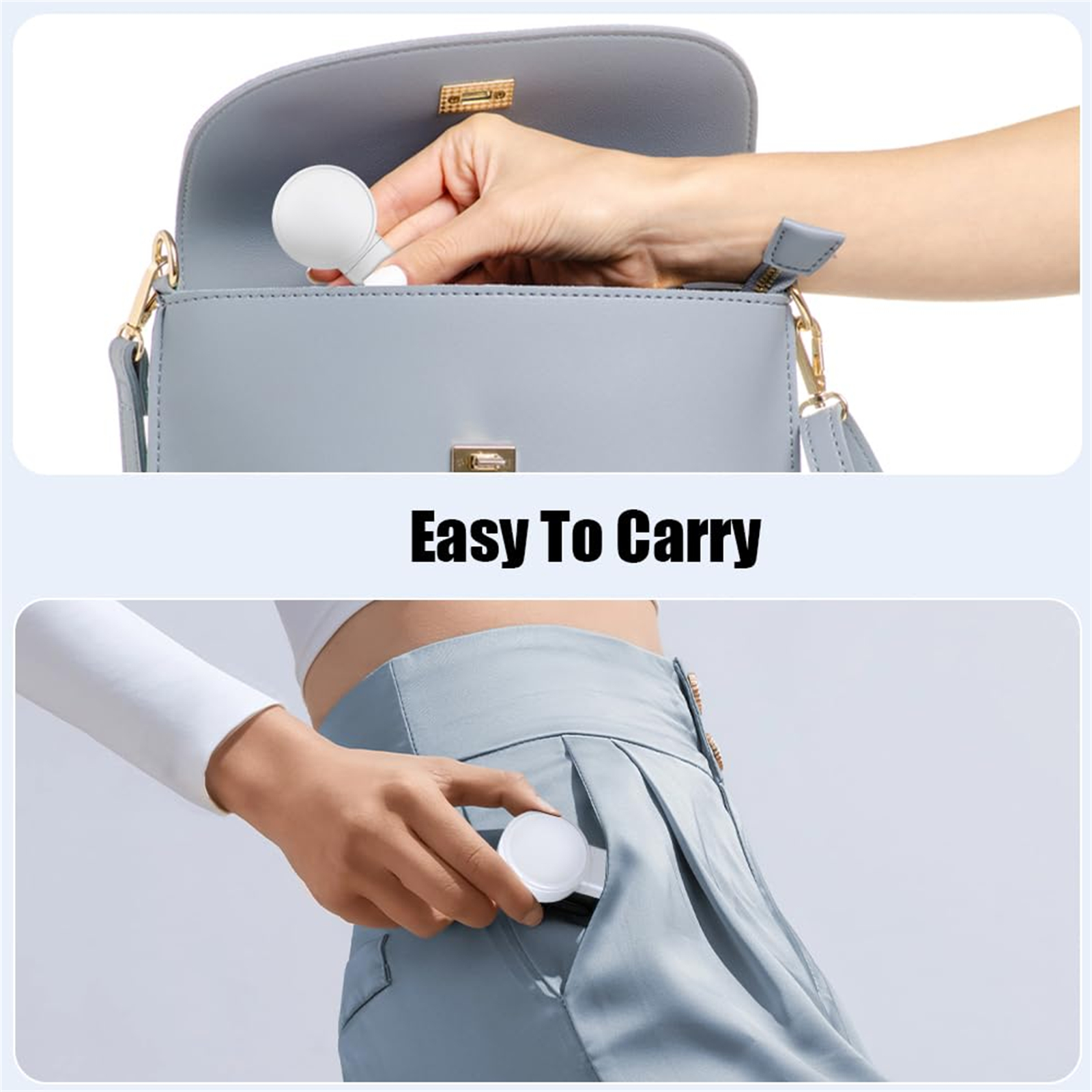 Ein weißes Ladegerät in einer Handtasche und Tasche, mit dem Text 'Easy To Carry'.