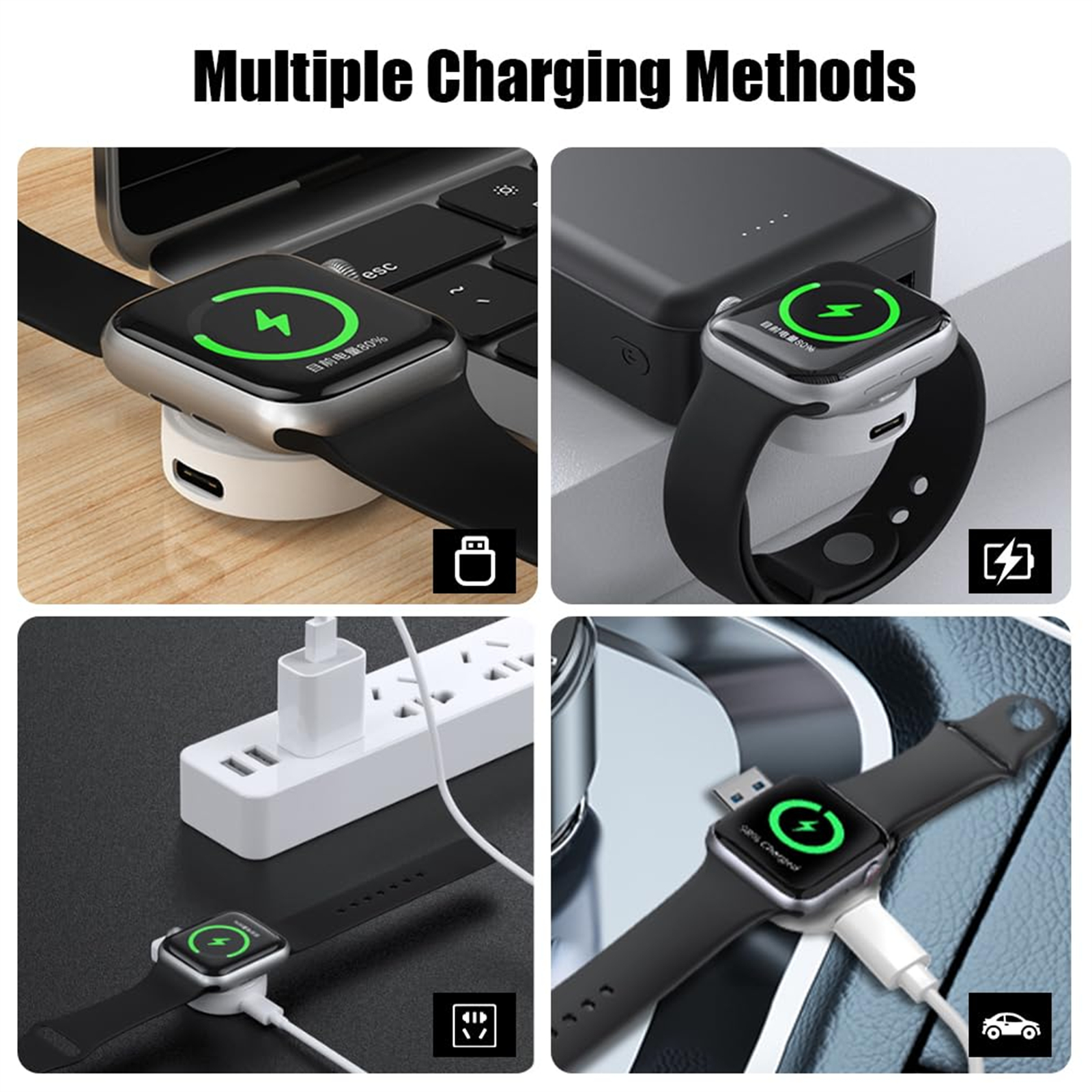 Smartwatches, die auf verschiedene Arten aufgeladen werden: Powerbank, Steckdose und Autoladegerät.