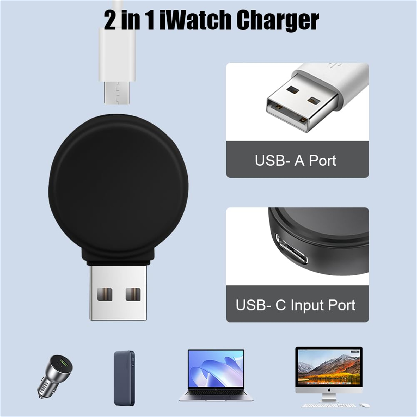 Weisse Ladestation für eine Smartwatch mit USB-Anschlüssen und einem Autoladegerät. Weißer Hintergrund.