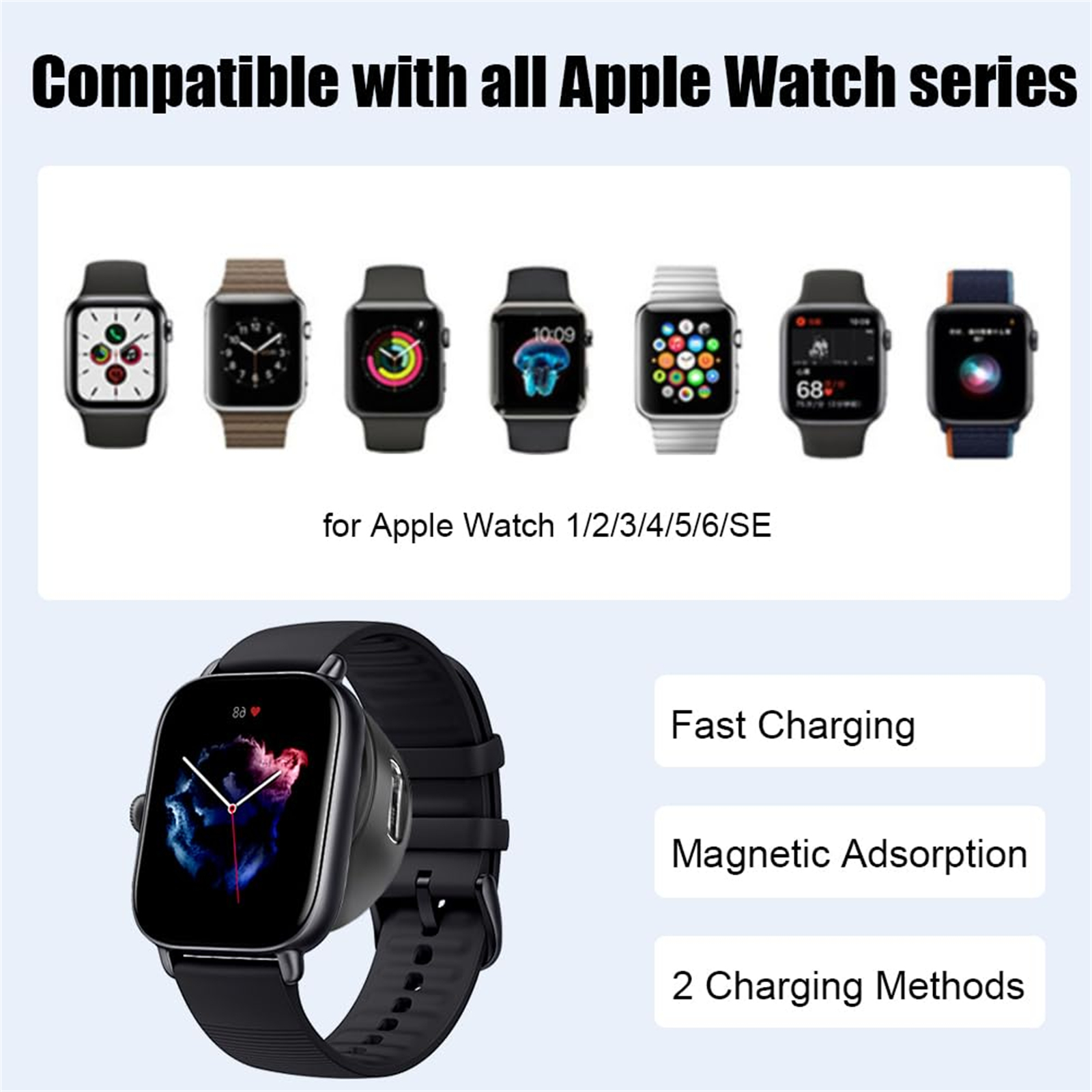 Mehrere Apple Watches, mit Text zu Kompatibilität und Funktionen.