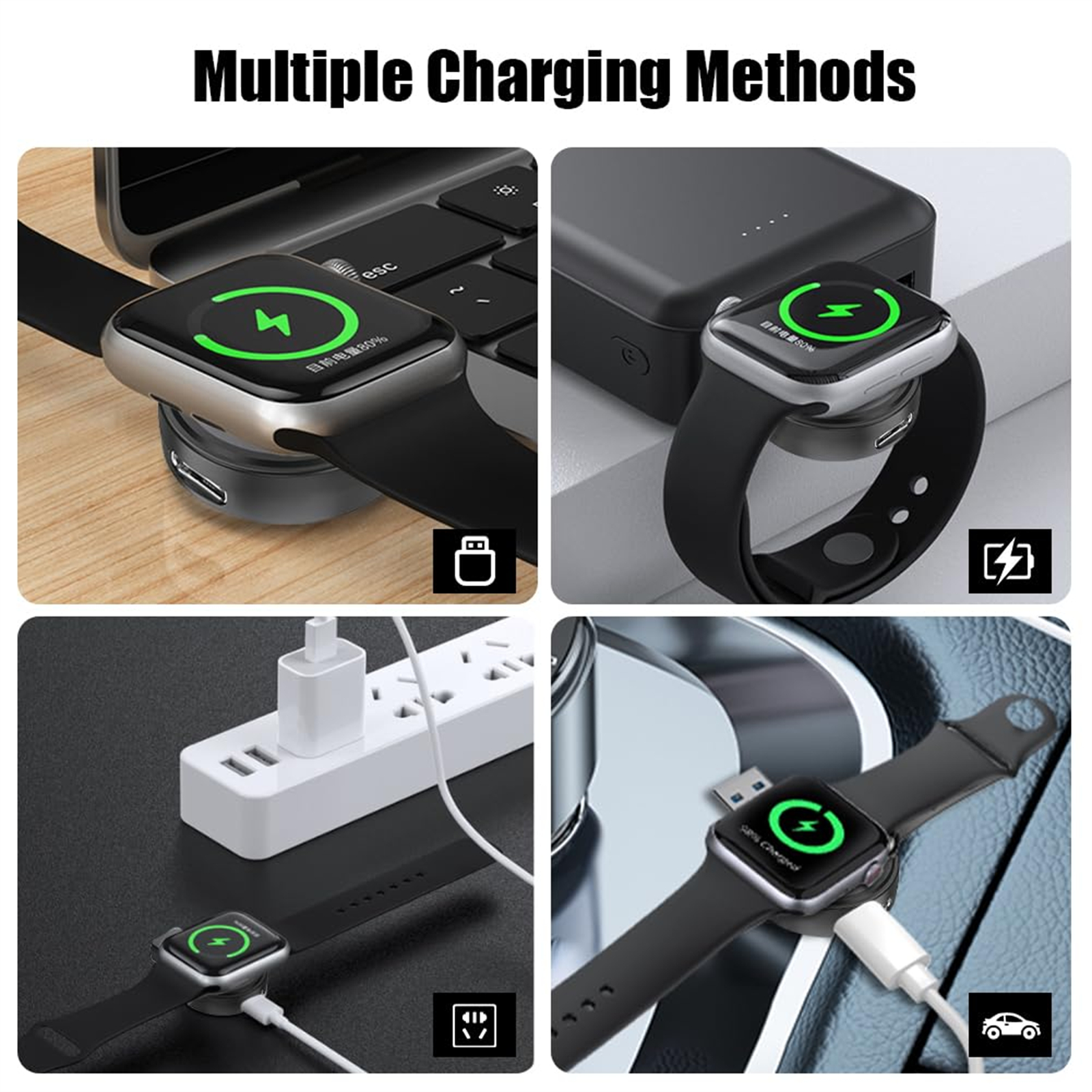 Mehrere Apple Watches, die mit verschiedenen Methoden geladen werden. Verschiedenes Ladezubehör wird gezeigt.
