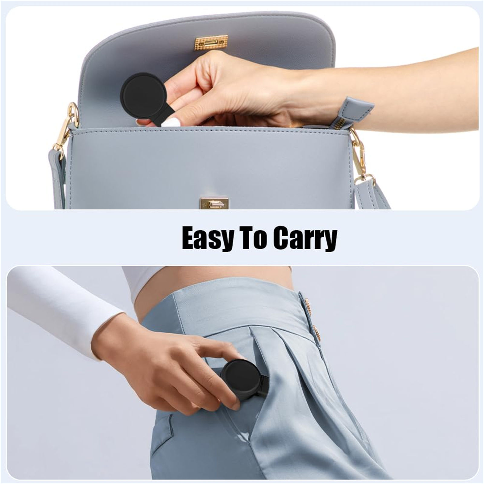 Ein schwarzes Ladegerät in einer Handtasche und Tasche, mit dem Text 'Easy To Carry'.