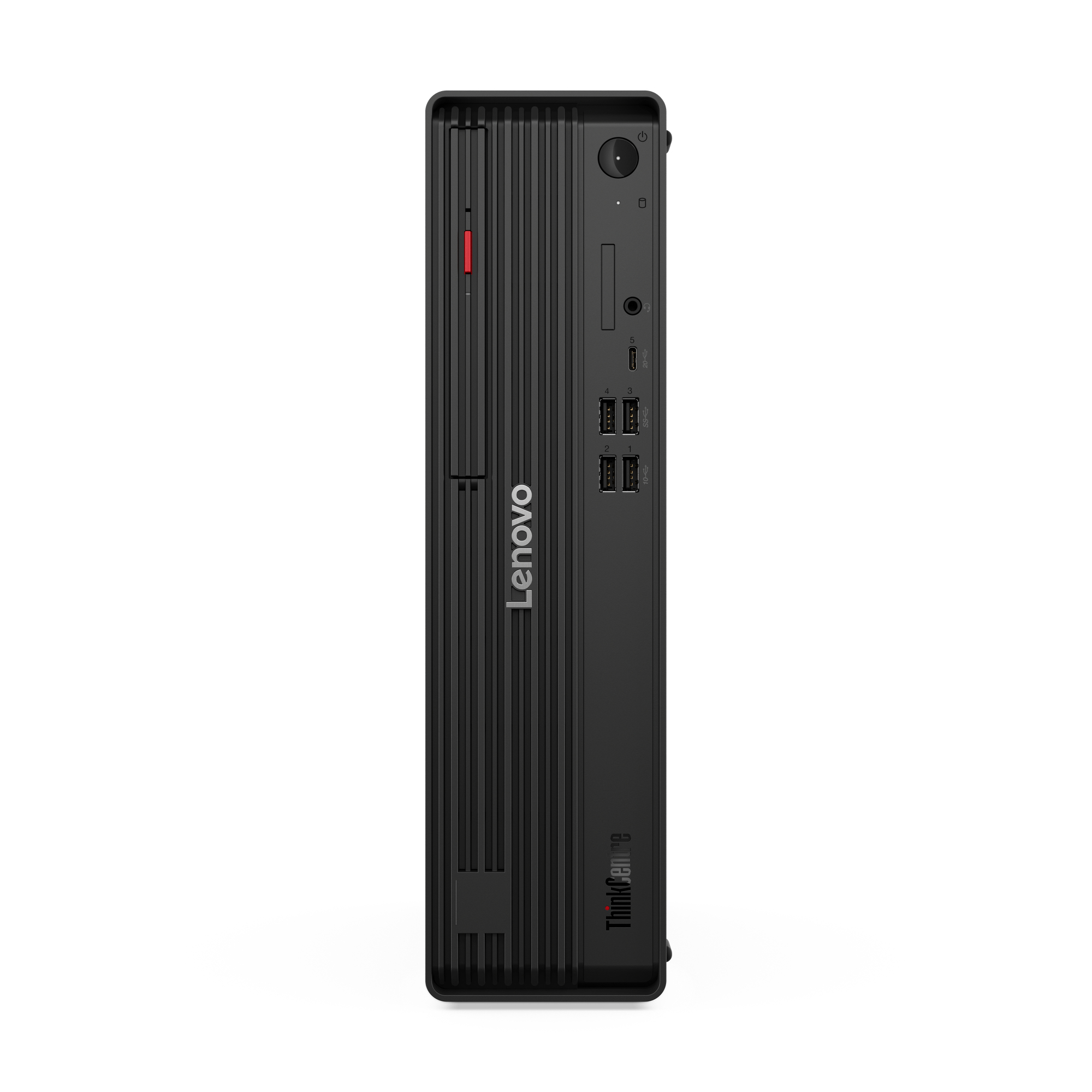 Computer desktop Lenovo ThinkCentre nero, vista frontale. Il logo Lenovo è visibile.