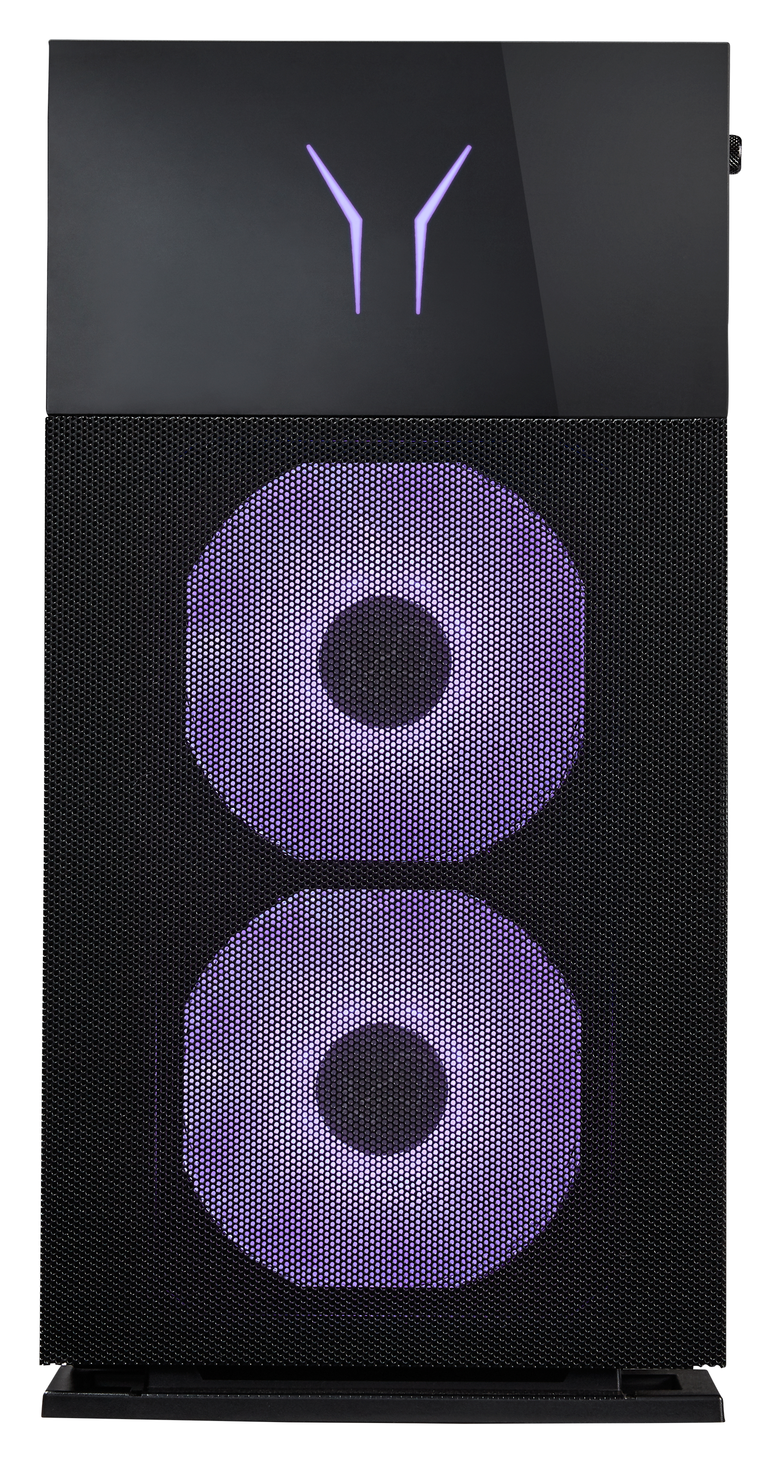 Schwarzes Computergehäuse mit Mesh-Front und beleuchteten lila Lüftern und Logo.