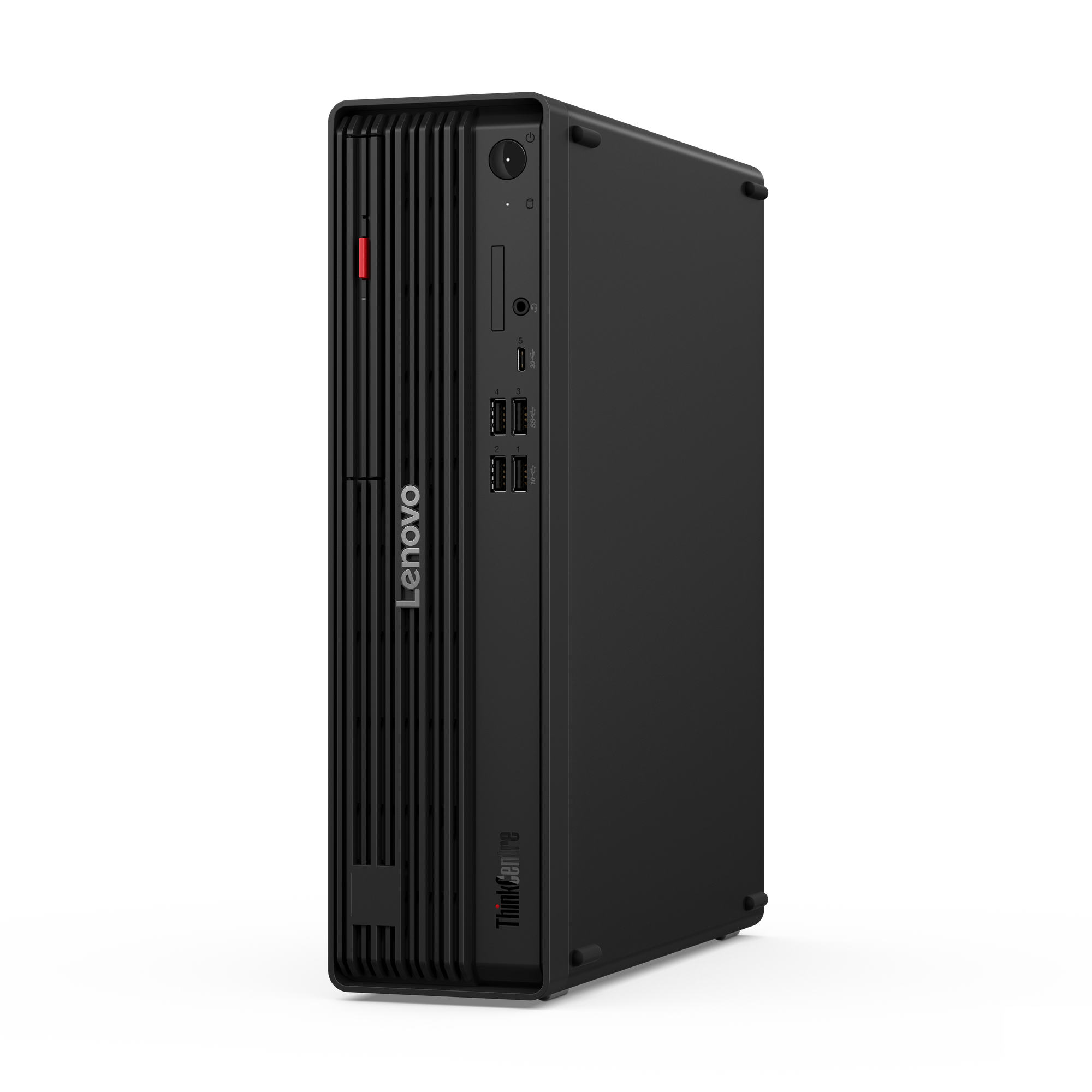 Computer desktop Lenovo nero. Ha un orientamento verticale. Il logo Lenovo è visibile sulla parte anteriore.