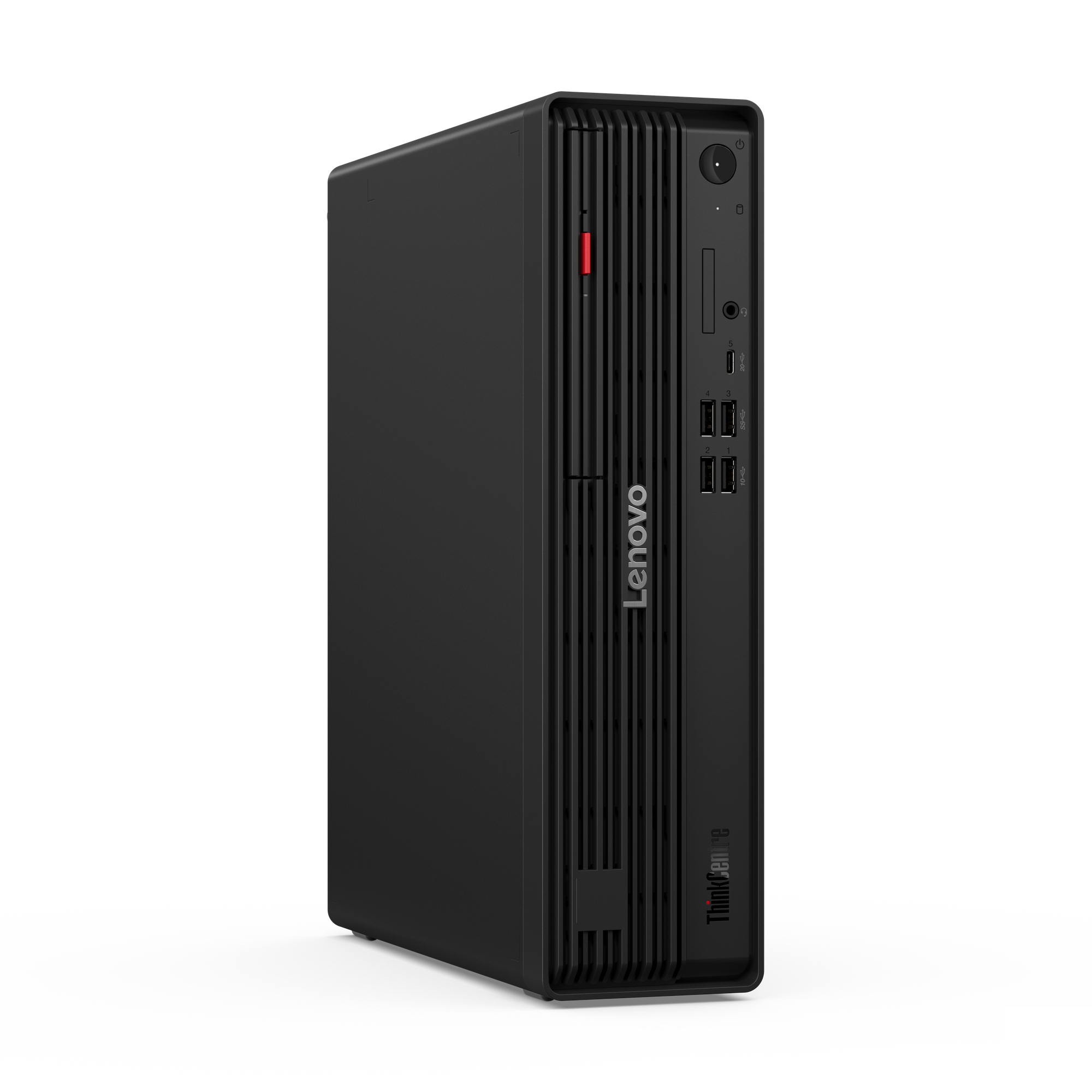 Computer desktop Lenovo nero, verticale. Il logo Lenovo è visibile. La parte anteriore ha porte e il logo ThinkCentre è visibile.