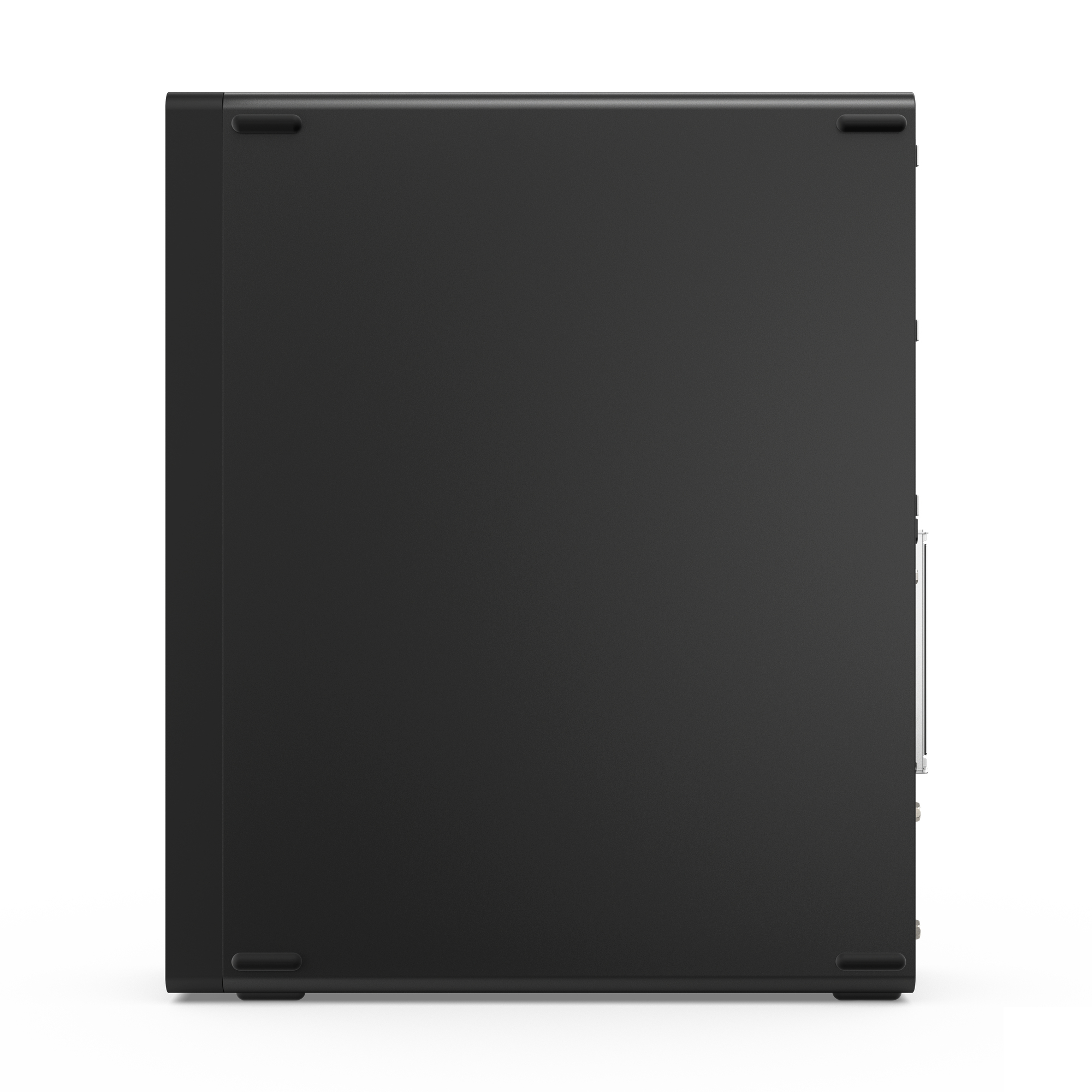 Computer desktop Lenovo ThinkCentre nero, vista dal basso. La parte inferiore ha quattro piedini in gomma.