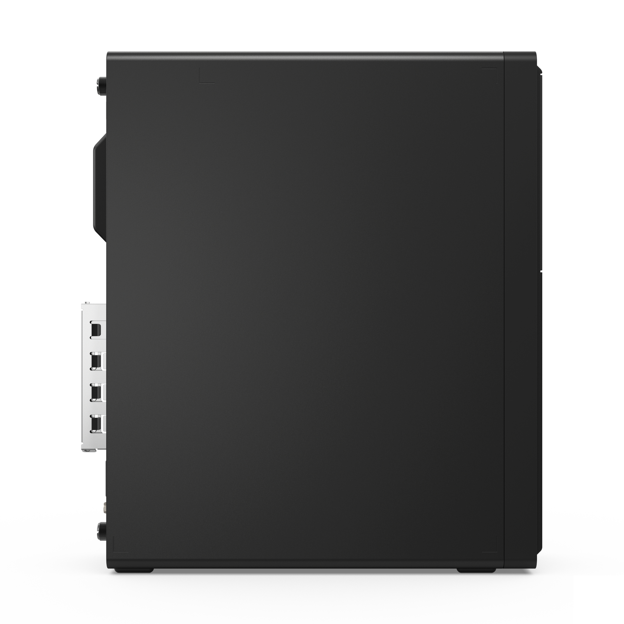 Computer desktop Lenovo ThinkCentre nero, vista laterale. Le porte sono visibili sul lato.