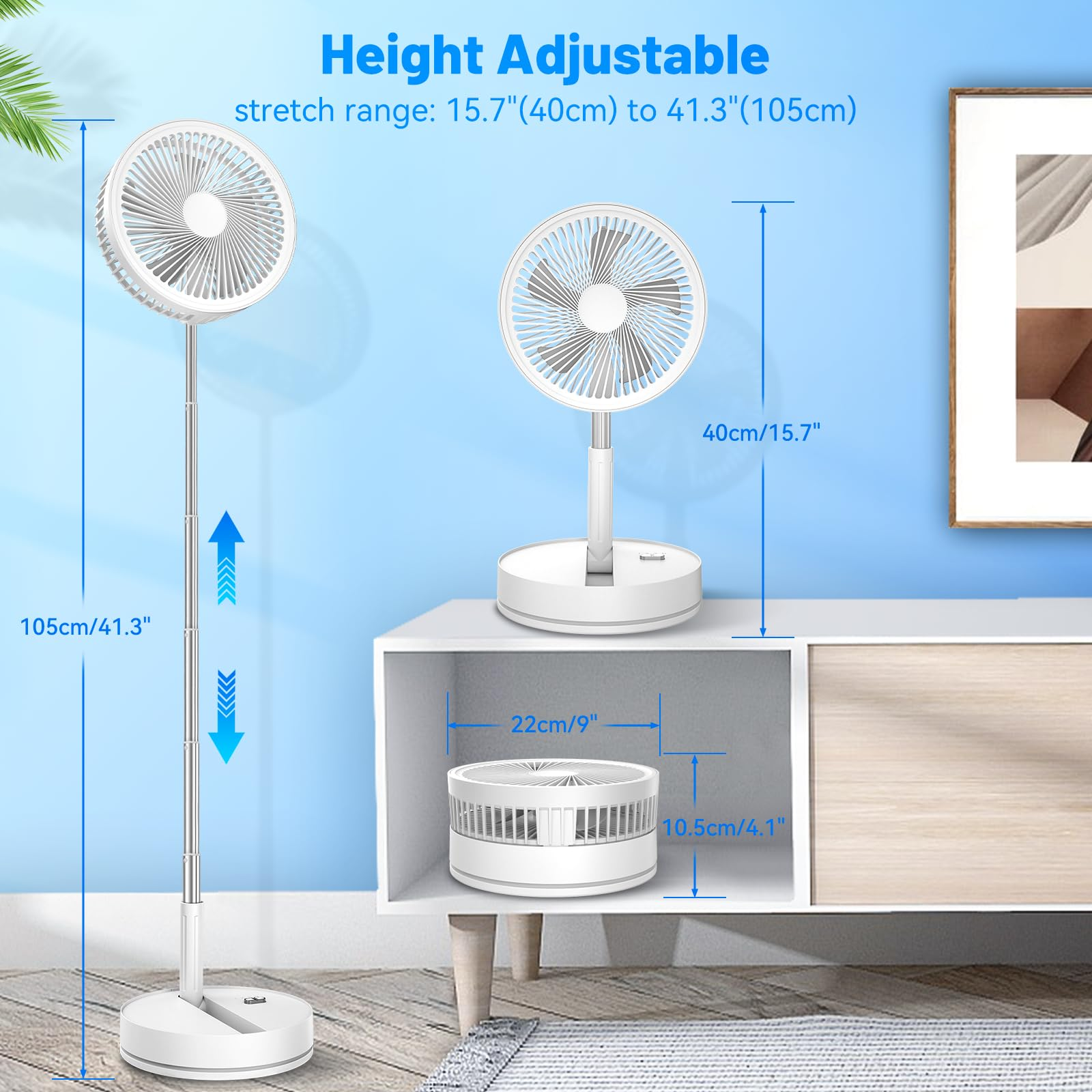 Weißer und silberner Ventilator, höhenverstellbar. Abmessungen sind angegeben. Der Ventilator steht auf wei ßem Untergrund.