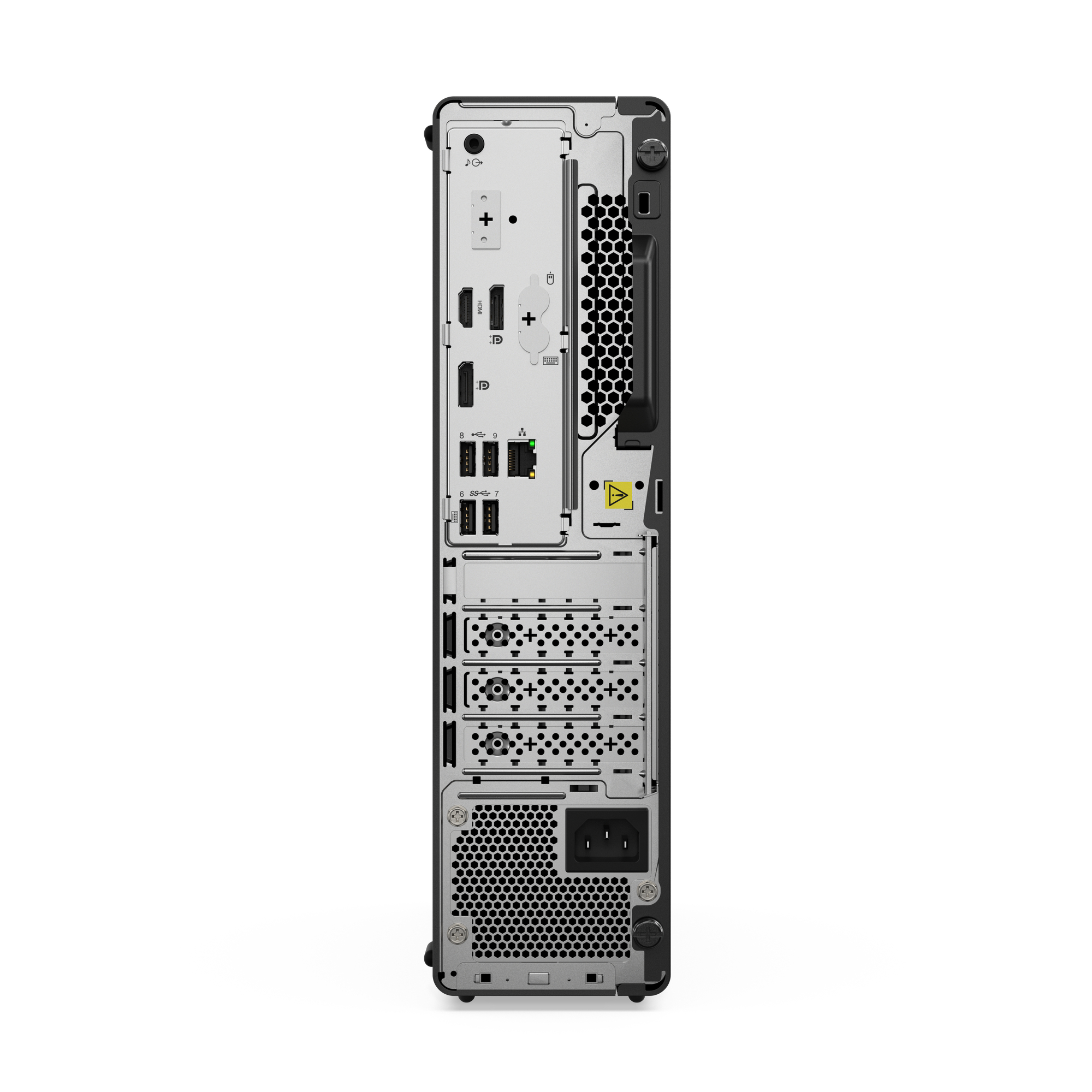 Pannello posteriore di un computer desktop nero con molte porte, connettori e una maniglia, su sfondo bianco.