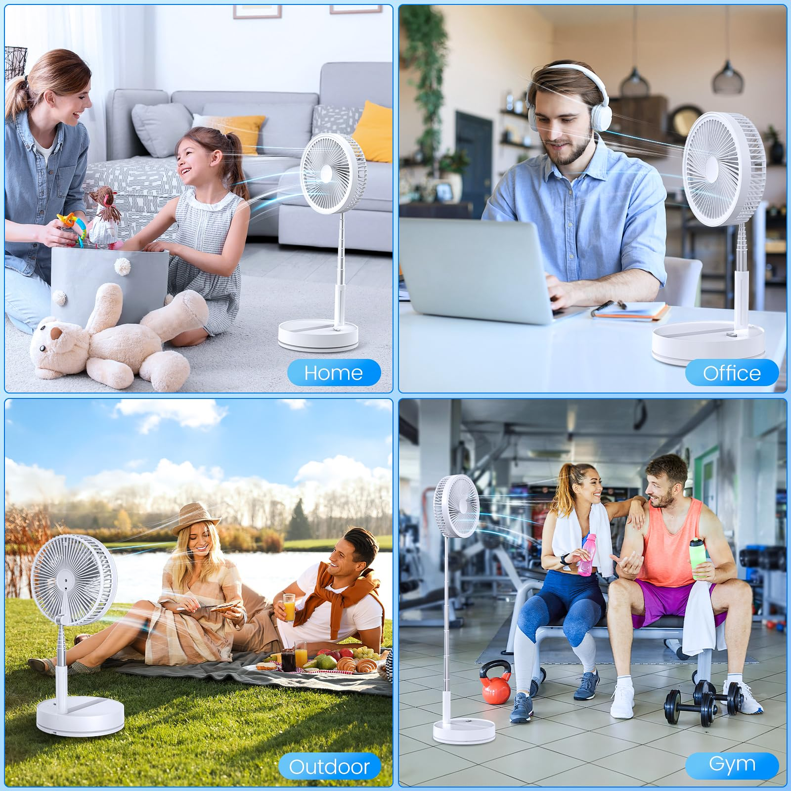 Bild zeigt einen Ventilator in verschiedenen Umgebungen: Zuhause, Büro, Outdoor und Fitnessstudio.