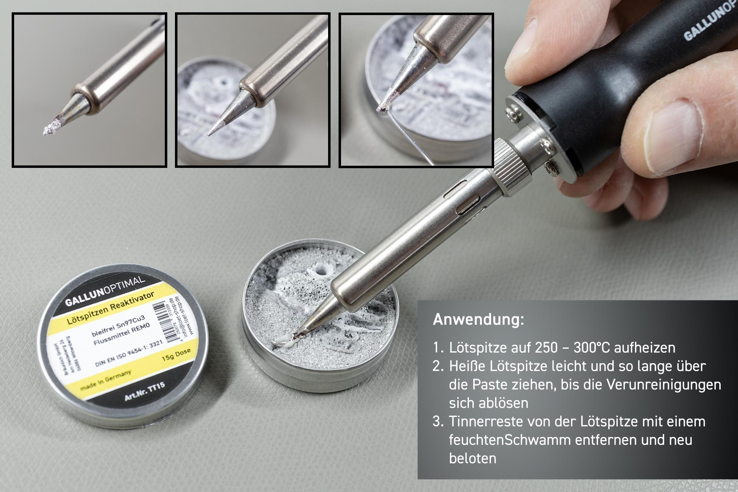 Nahaufnahme eines Lötkolbens mit Flussmittel und Text zur Erklärung des Prozesses. Der Hintergrund ist grau.
