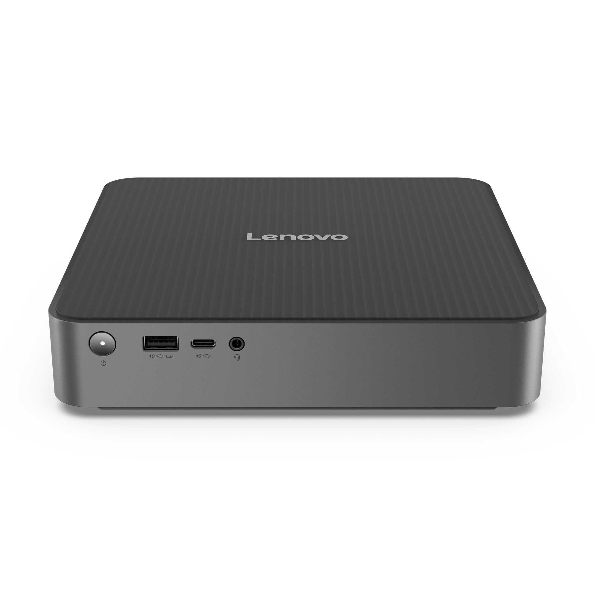Computer Lenovo grigio scuro, quadrato, con porte frontali.