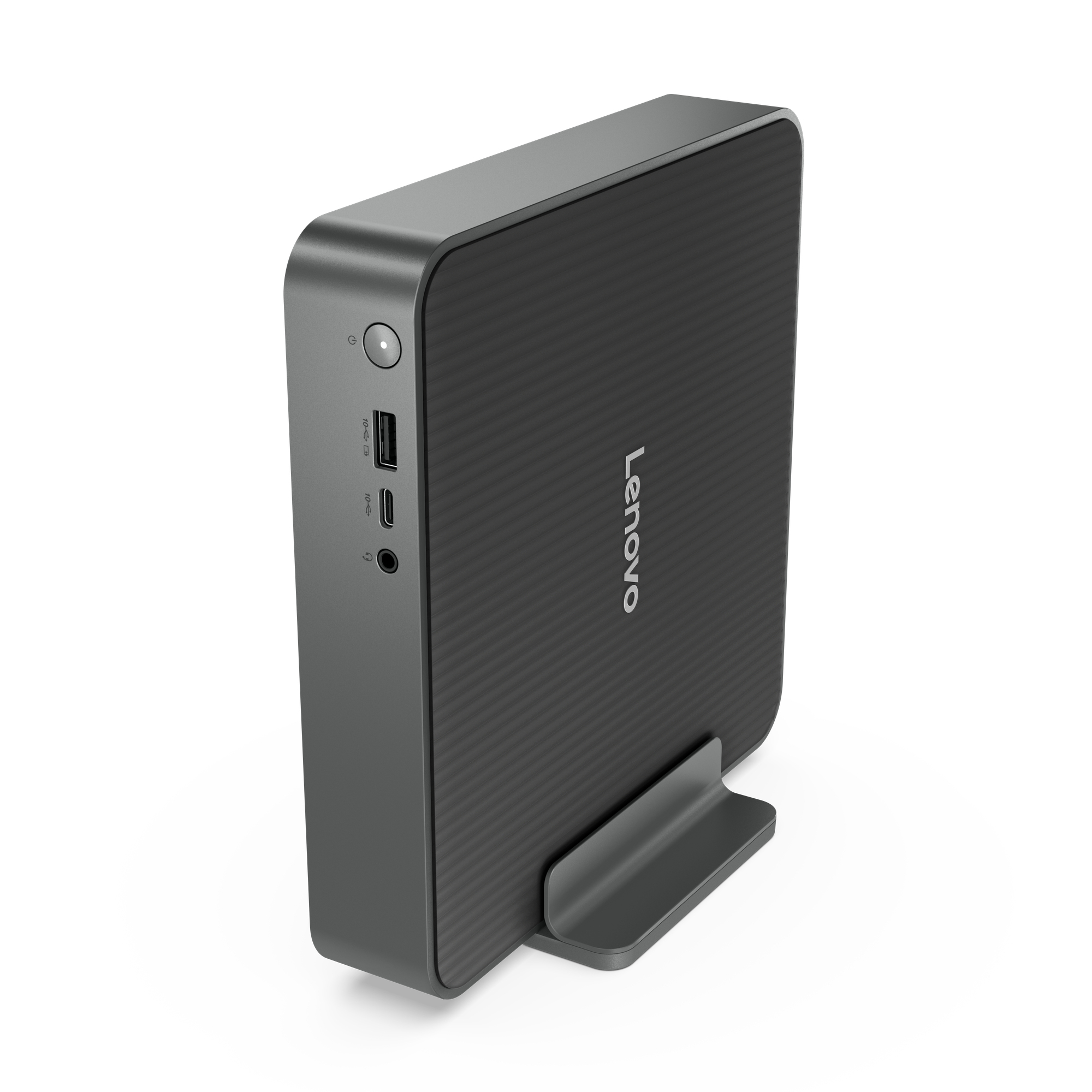 Computadora de escritorio Lenovo gris oscuro, con soporte, vista lateral. Con puertos y un logo.