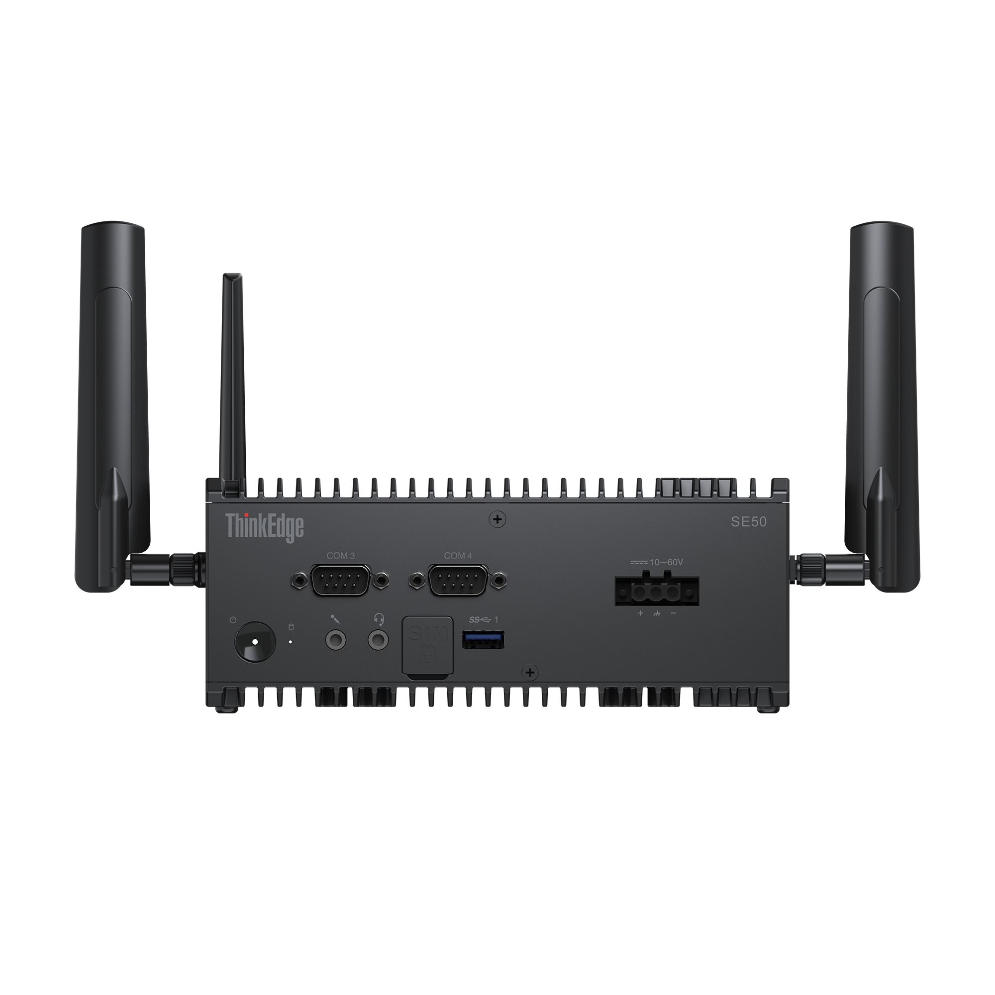 Computer nero con due antenne, logo ThinkEdge e porte. Ha una serie di prese d'aria.