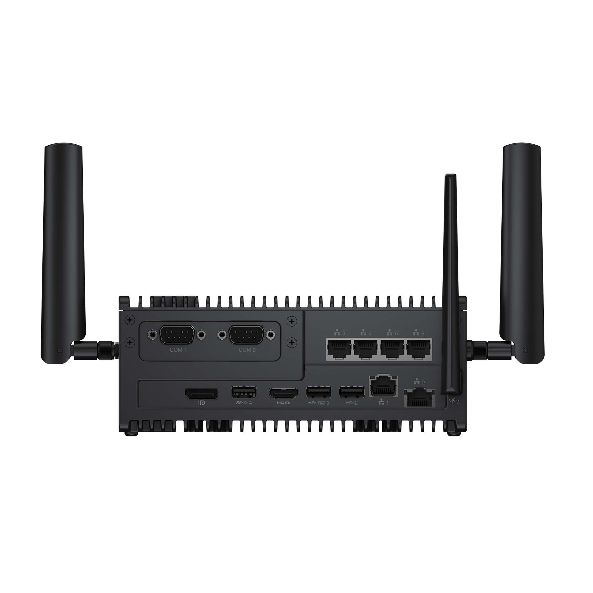 Dispositivo informatico nero con antenne. Le porte di connessione sono sul retro.