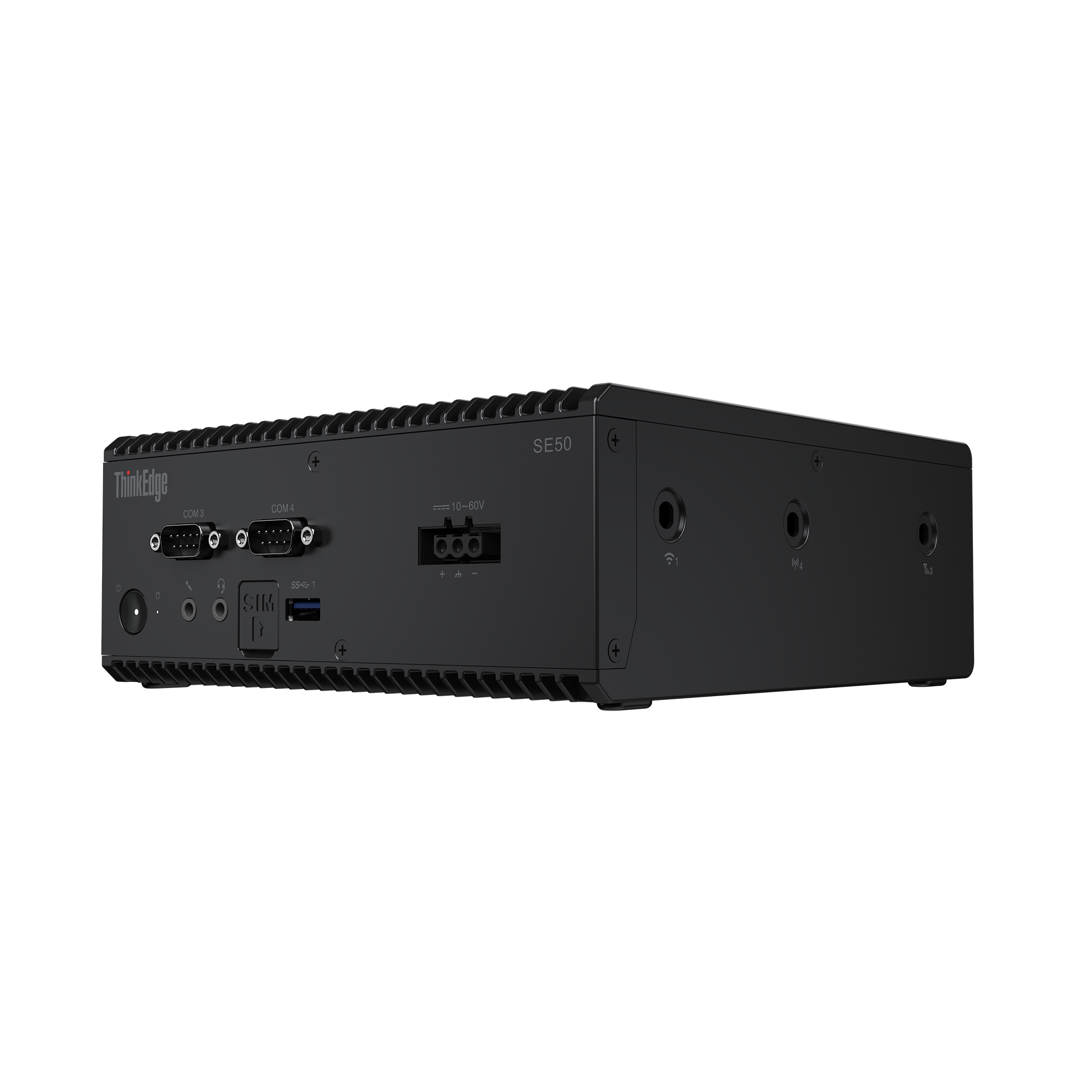 Computer nero con logo ThinkEdge. Porte e connessioni visibili sul davanti.