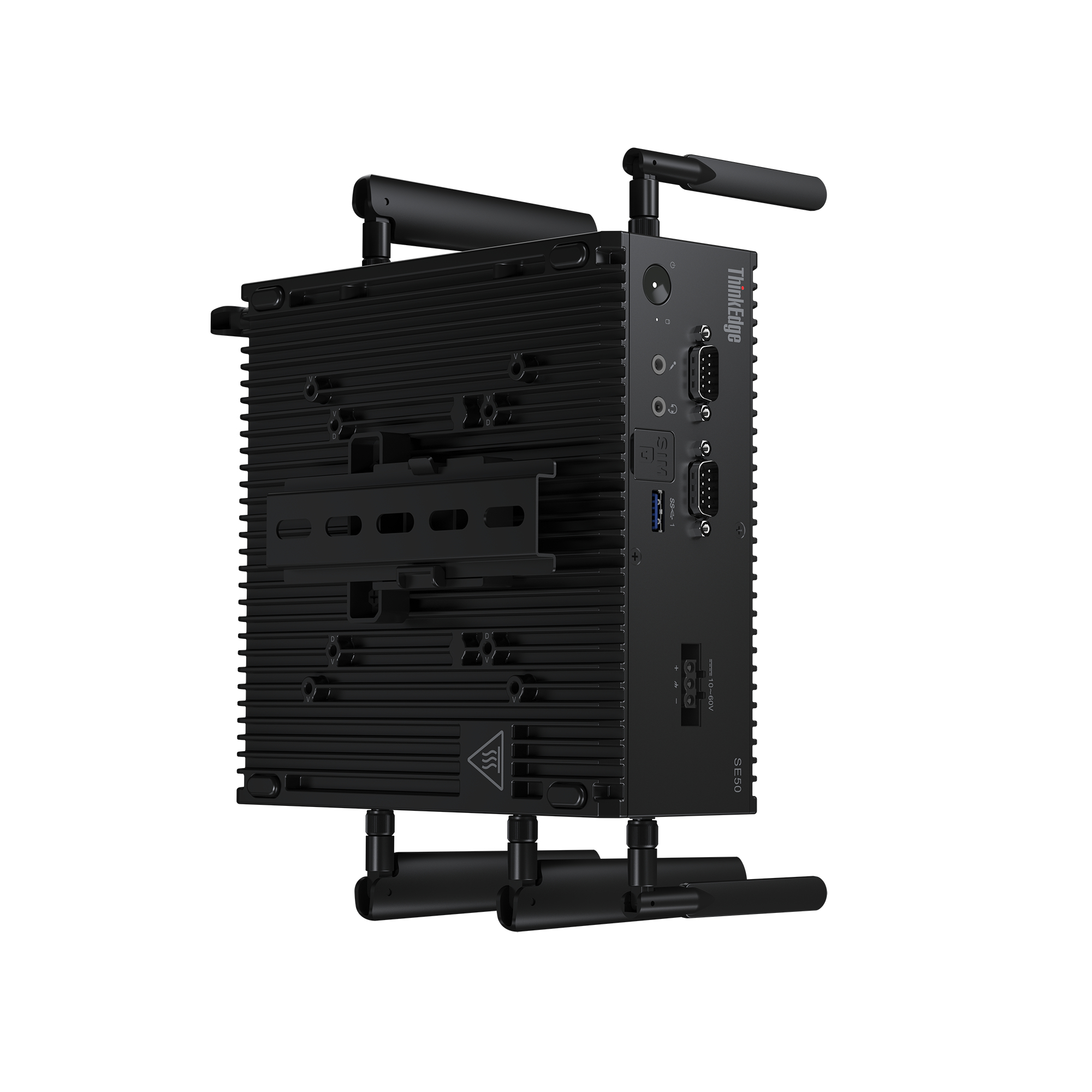 Computer nero con logo ThinkEdge. Antenne e staffa attaccate. Multiple porte visibili.