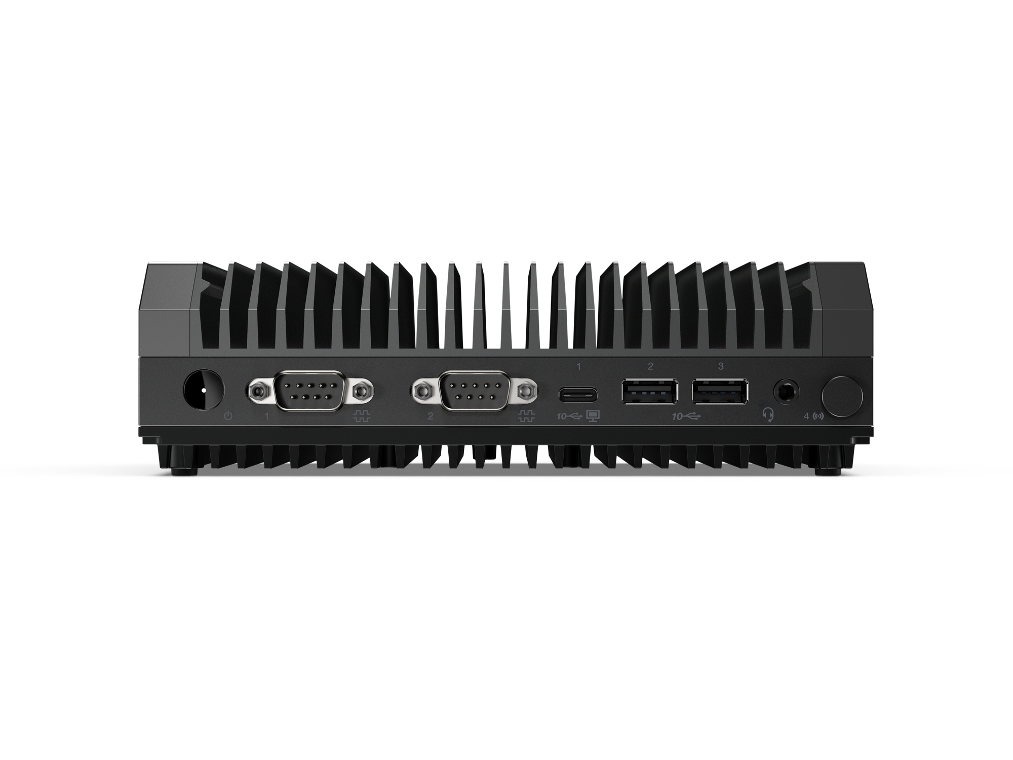 Computer nero. Fronte con porte e connessioni. Sfondo nero.