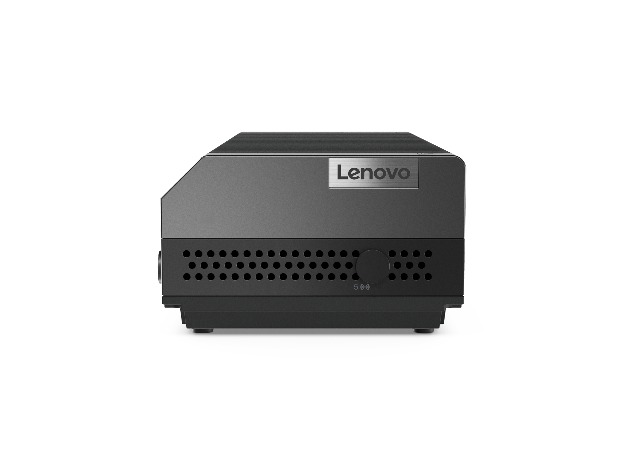 Un dispositivo Lenovo nero. Ha un logo Lenovo argentato e un pulsante con un simbolo 5. Ci sono molti fori sul davanti.
