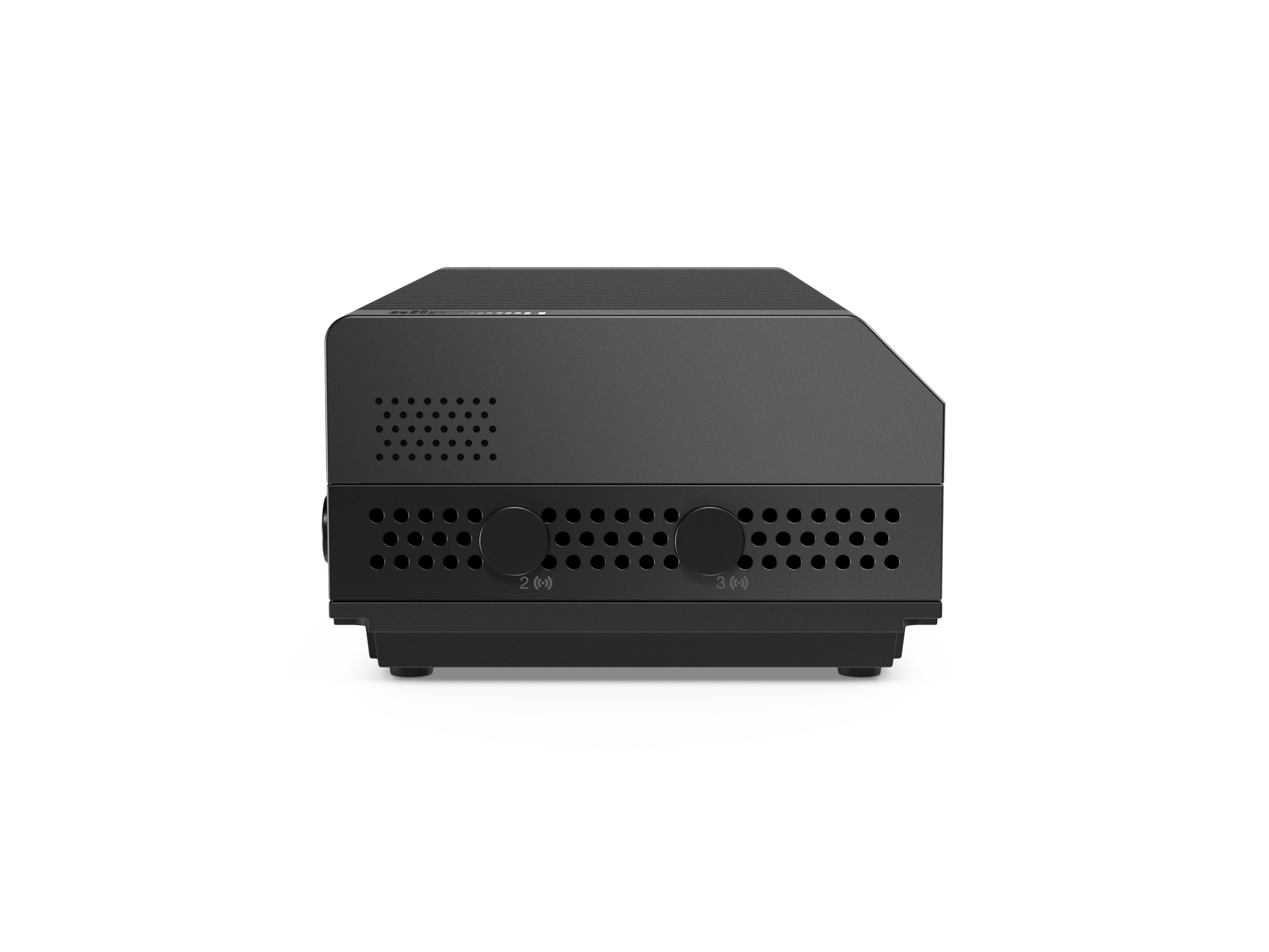 Dispositivo nero con fori di ventilazione e due simboli wireless. Sfondo bianco.