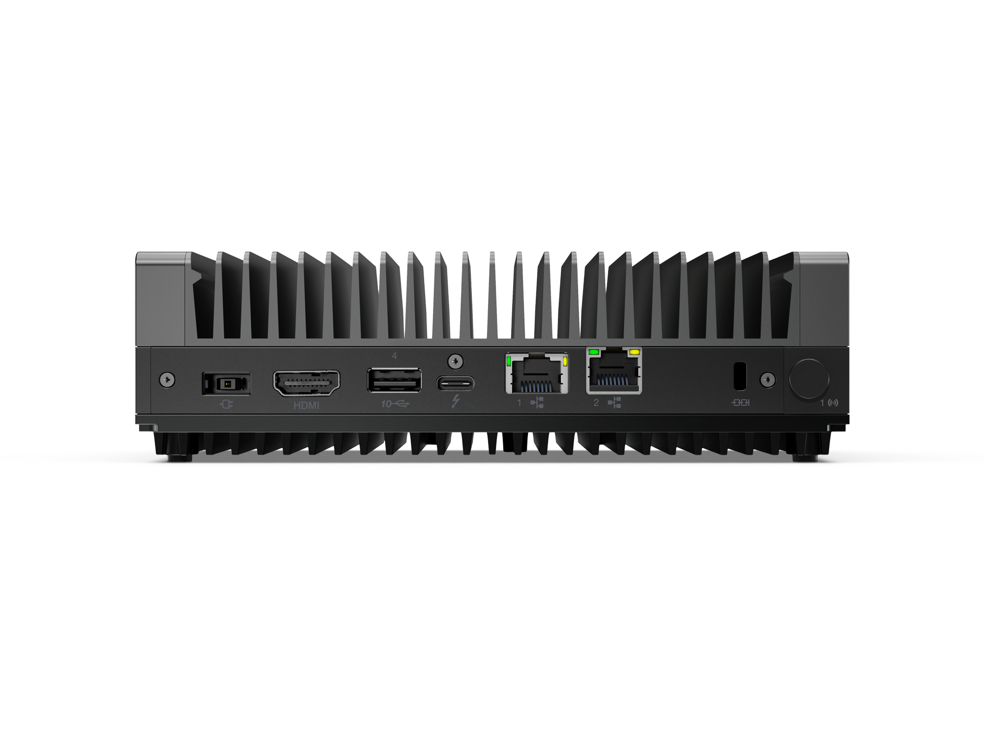 Dispositivo nero con molte porte, tra cui HDMI, USB ed Ethernet. Il dispositivo ha un design a coste.