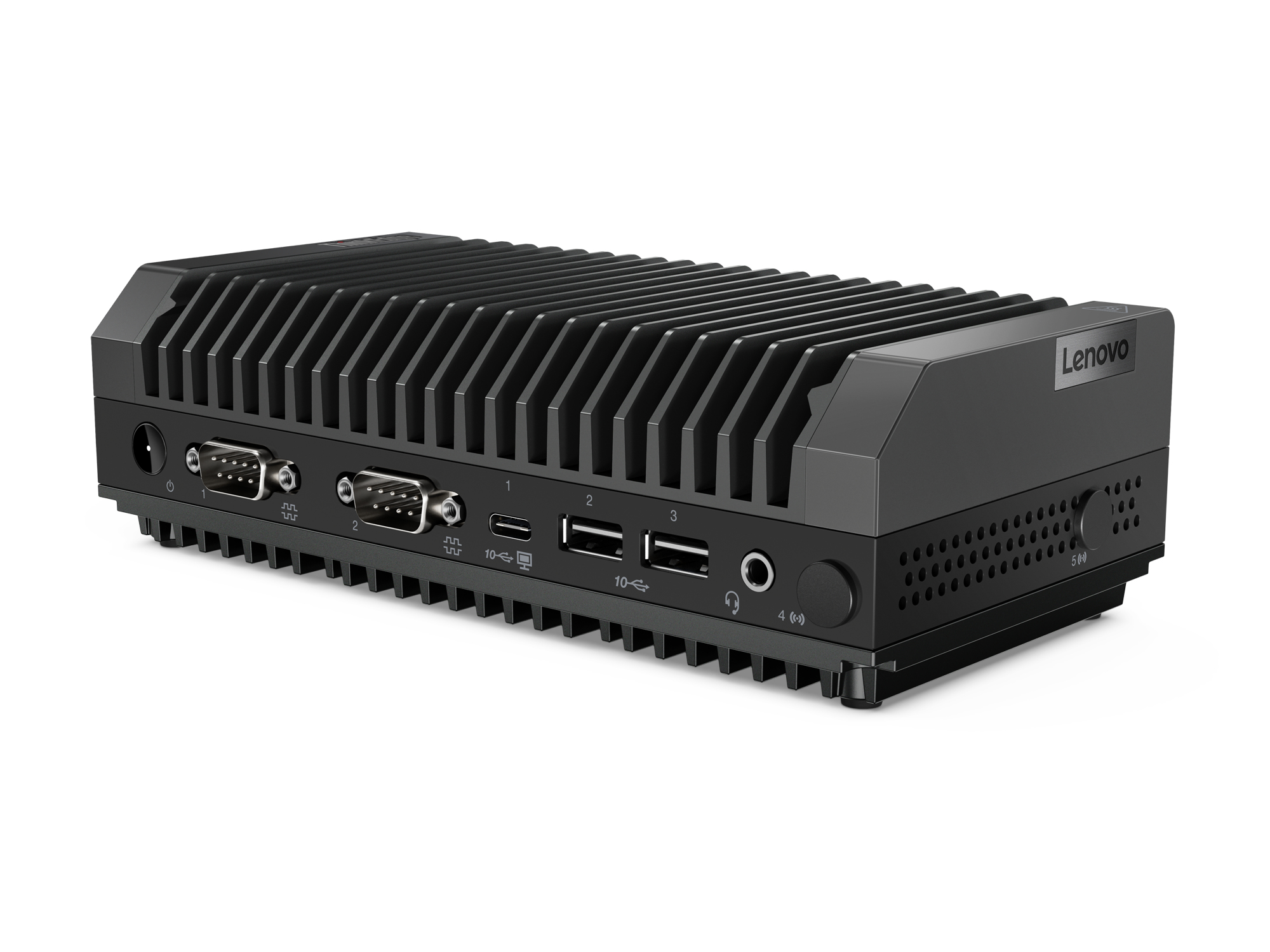 Dispositivo nero con parte superiore a coste. Varie porte e due simboli wireless visibili. Sfondo bianco.