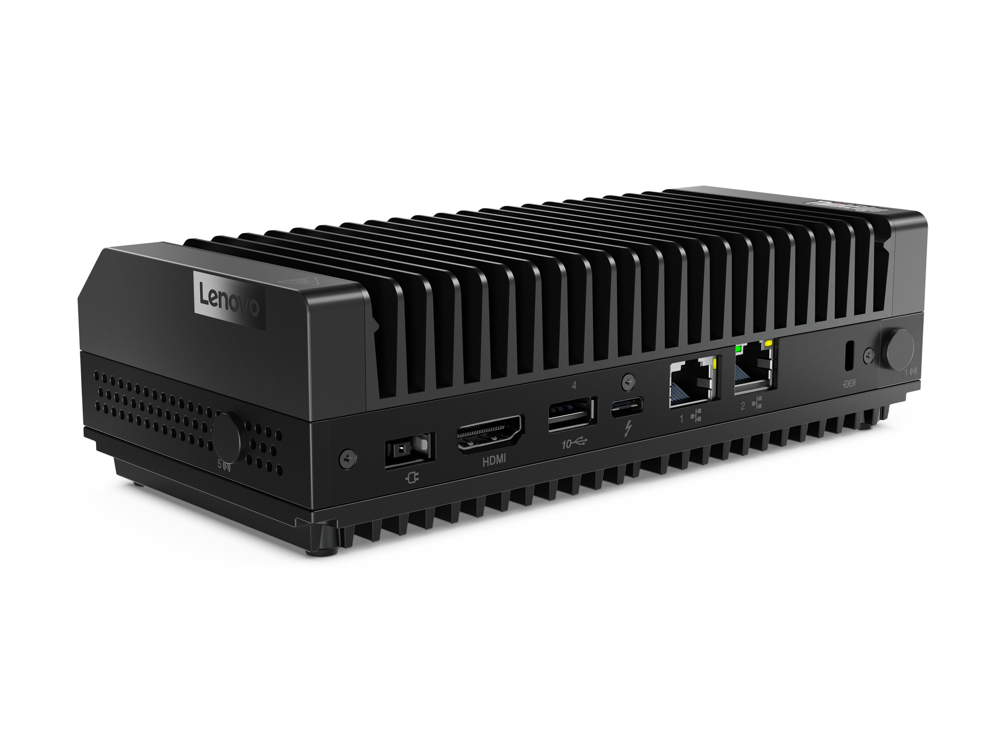 Dispositivo nero con logo Lenovo. Il dispositivo ha un design a coste e sono visibili più porte.