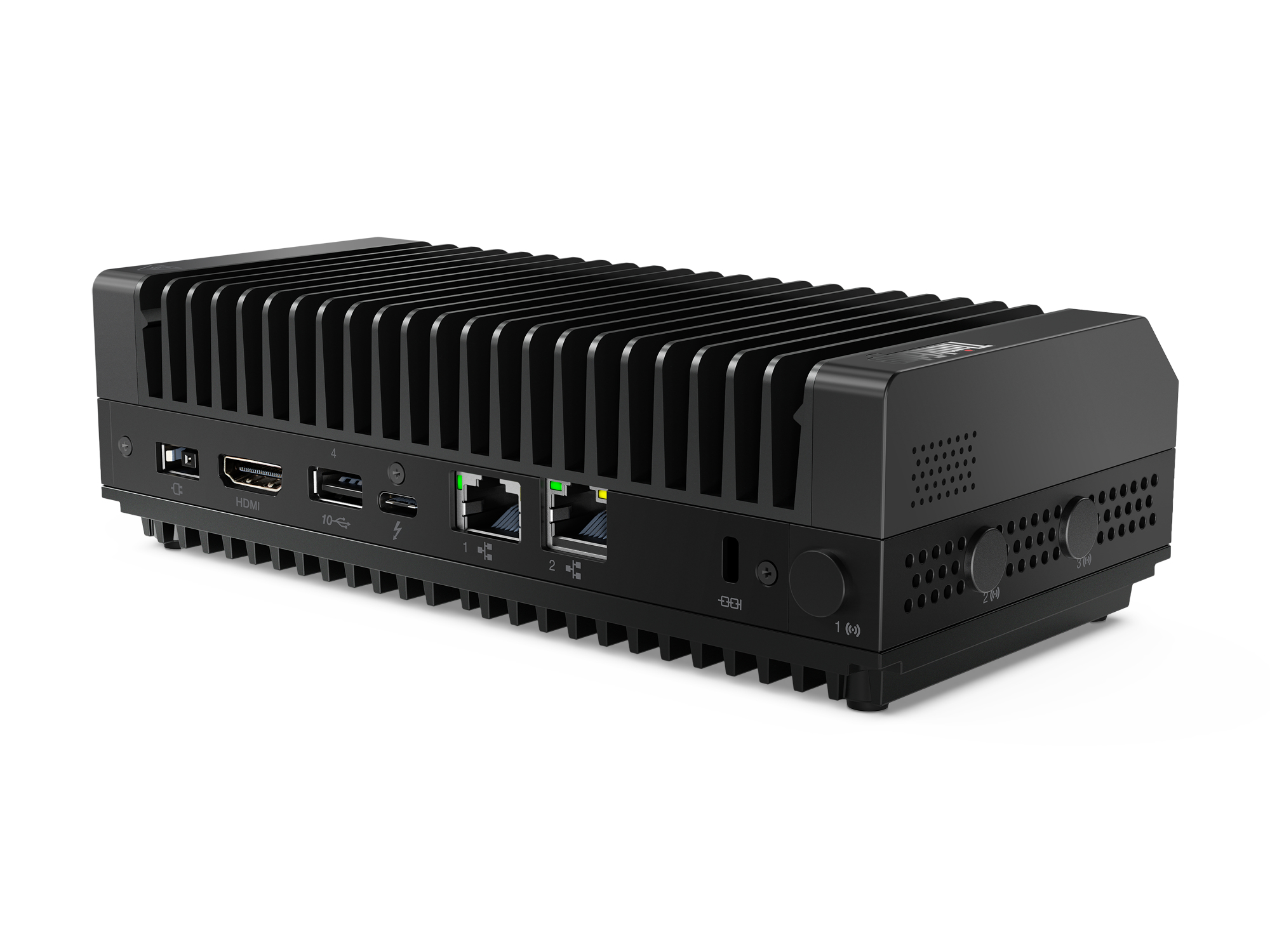 Dispositivo informatico nero con parte superiore scanalata. Varie porte e un pulsante di accensione.