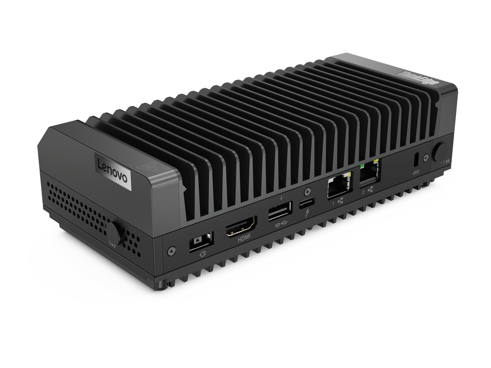Un computer nero con porte e prese d'aria, con il logo Lenovo. È su uno sfondo bianco.