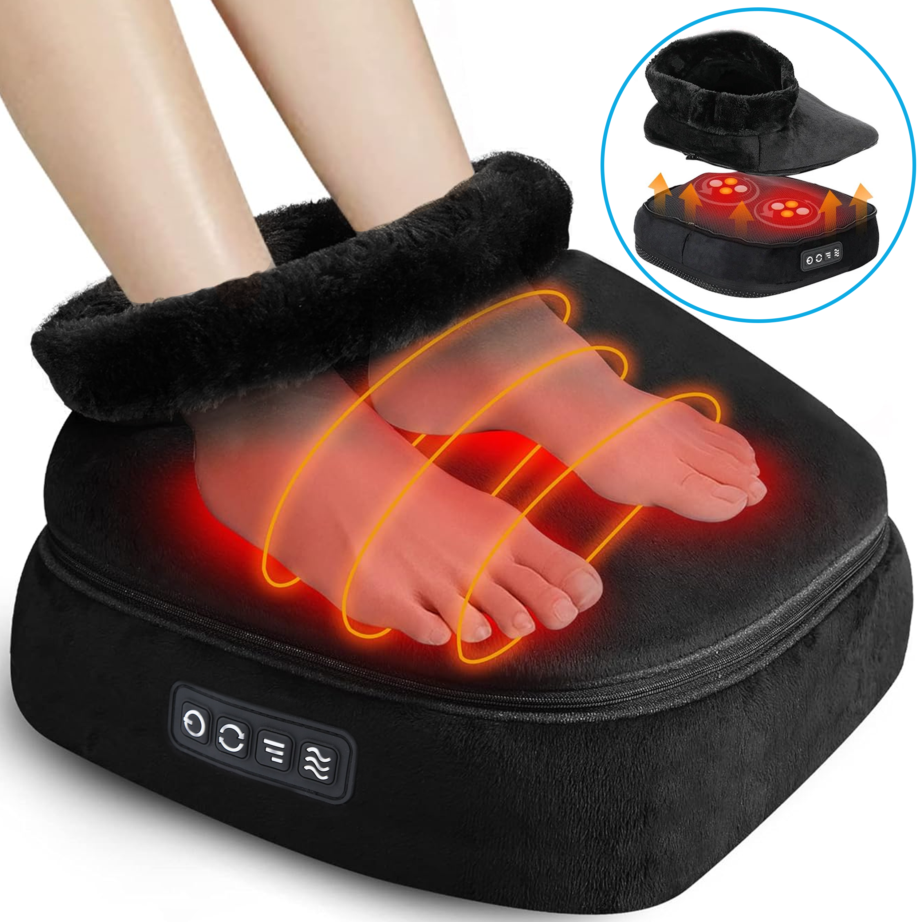 Füße in einem beheizten Fußmassagegerät mit schwarzem Bezug und Bedienknöpfen.