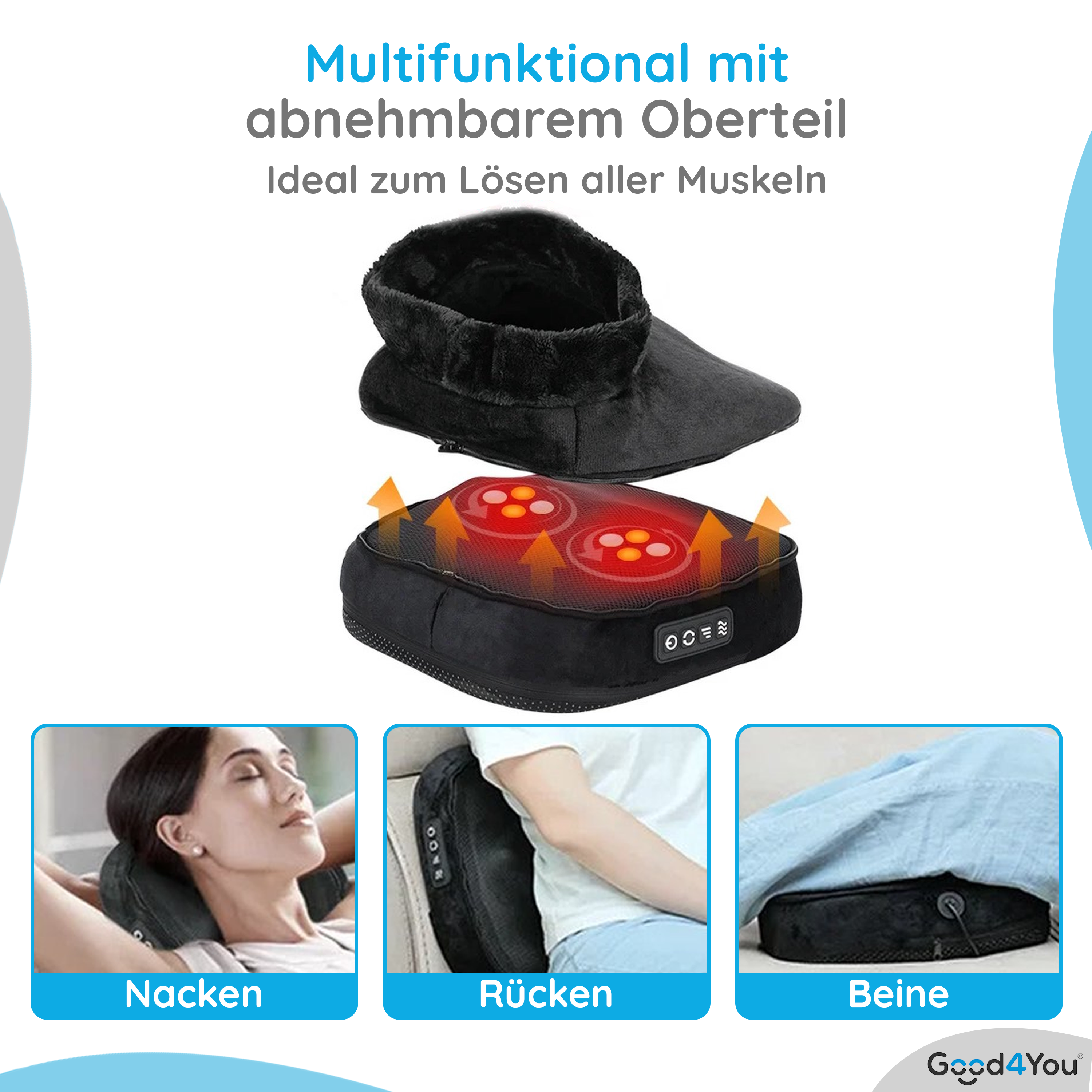 Beheiztes Fußmassagegerät mit abnehmbarem Oberteil und Diagrammen für verschiedene Körperbereiche.