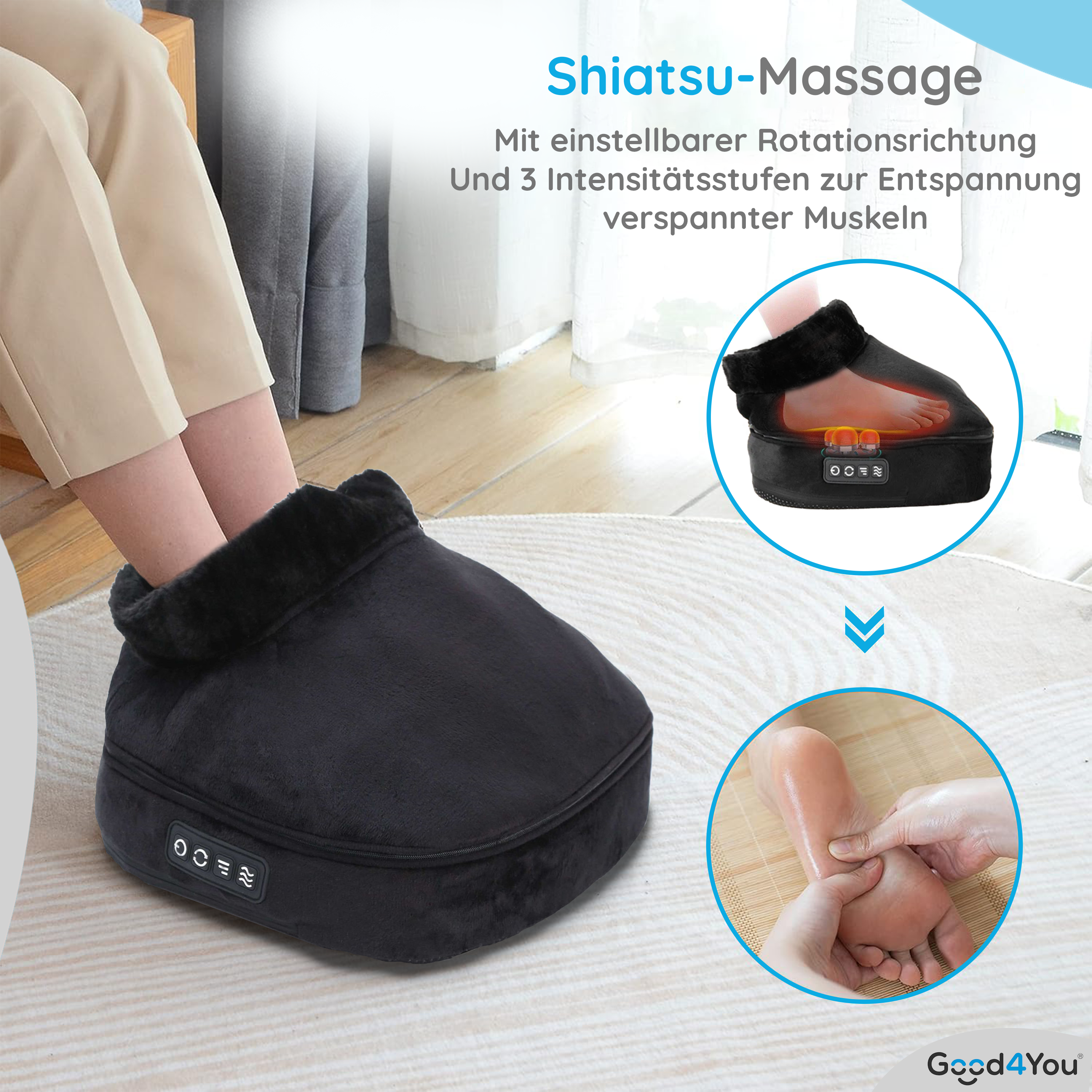 Person benutzt Fußmassagegerät. Nahaufnahme der Füße darin, auch eine Hand massiert den Fuß. Shiatsu-Massage mit einstellbarer Rotation und Intensität.