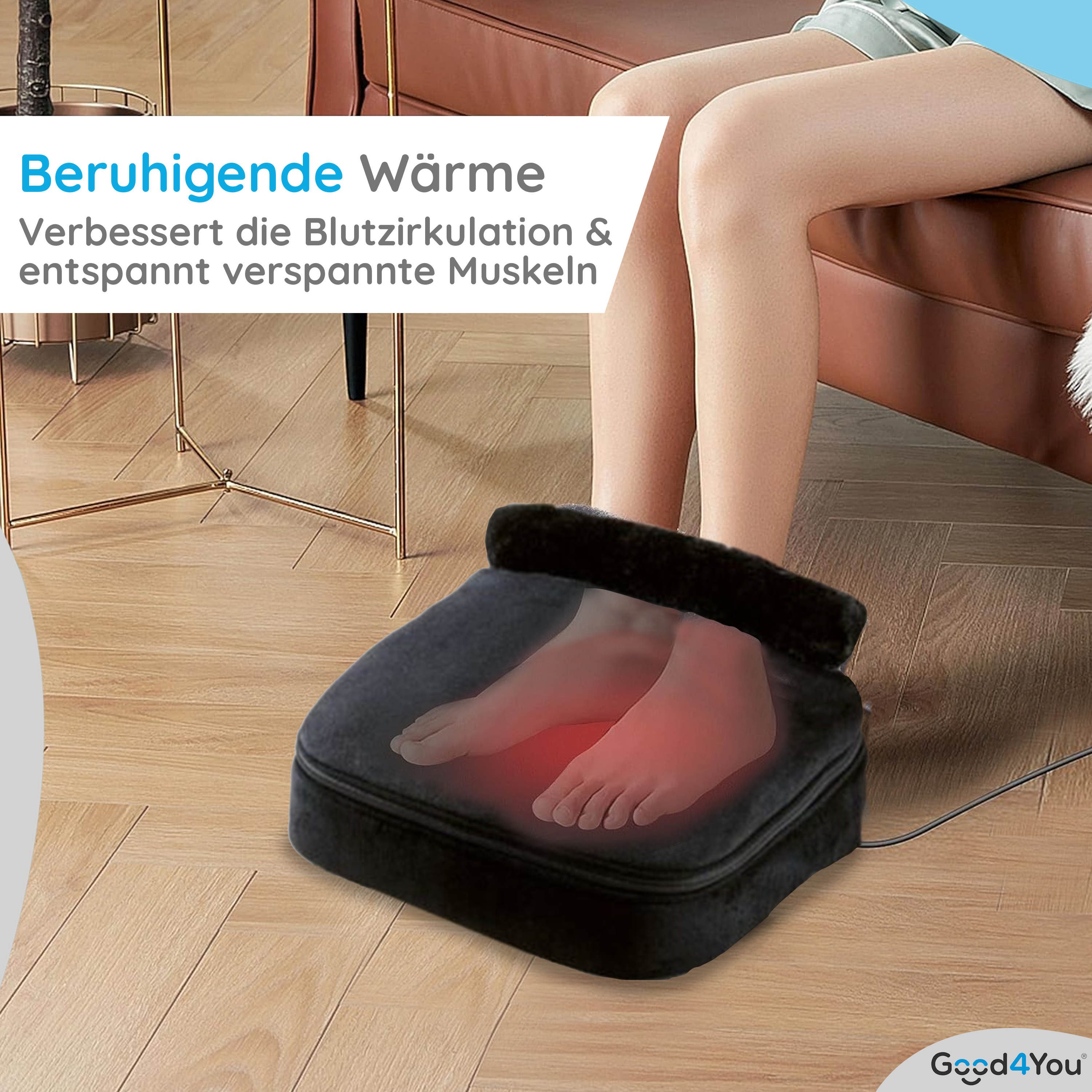 Person benutzt Fußmassagegerät. Füße innen, rot leuchtend. Massagegerät auf dem Boden, in der Nähe der Beine der Person. Verbessert die Durchblutung.