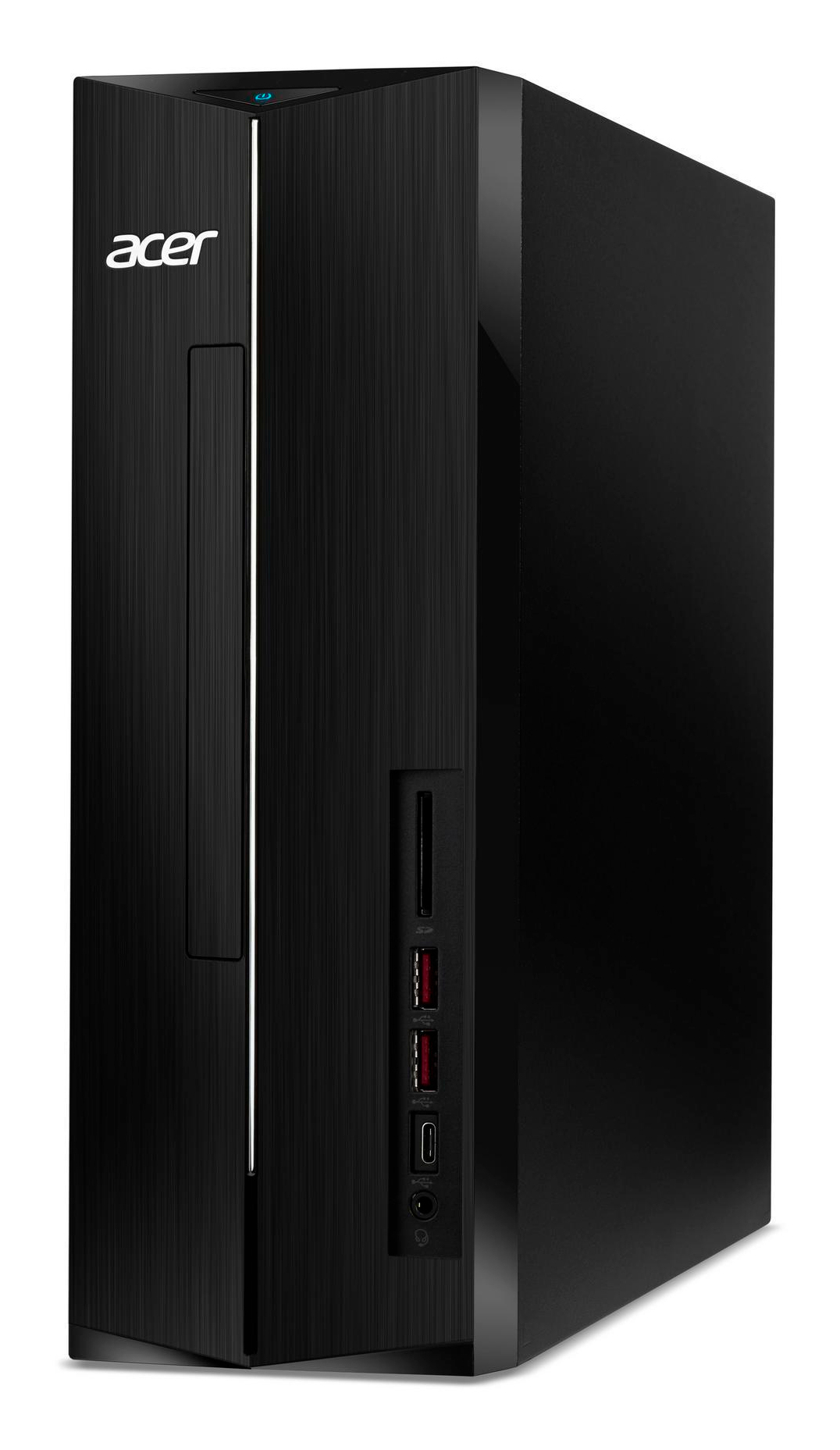 Czarny komputer stacjonarny Acer. Jest to wieża z błyszczącym wykończeniem. Logo Acer po lewej stronie.