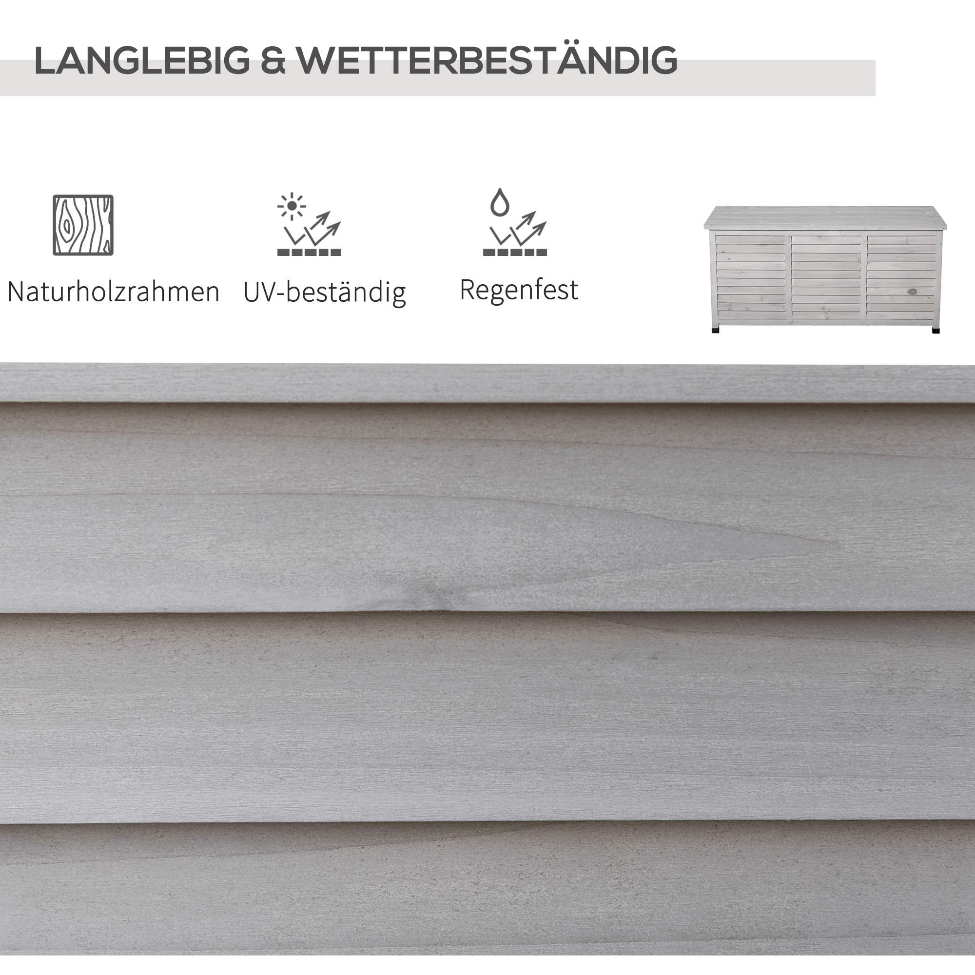 Nahaufnahme von Holzlatten einer Aufbewahrungsbox. Das Bild zeigt Text: Langlebig & wetterfest.