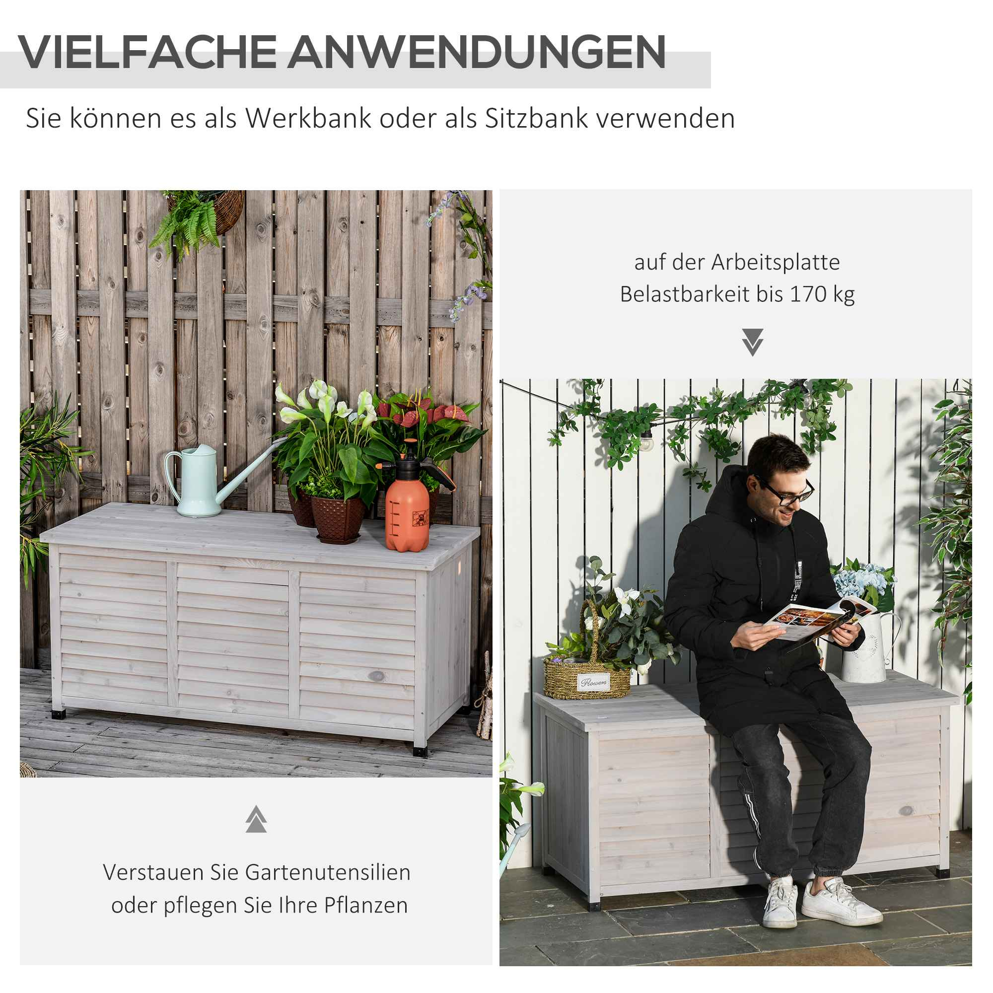 Zwei Bilder: eine Aufbewahrungsbox neben Pflanzen und ein Mann, der auf einer Box liest. Text: Vielseitige Anwendungen.