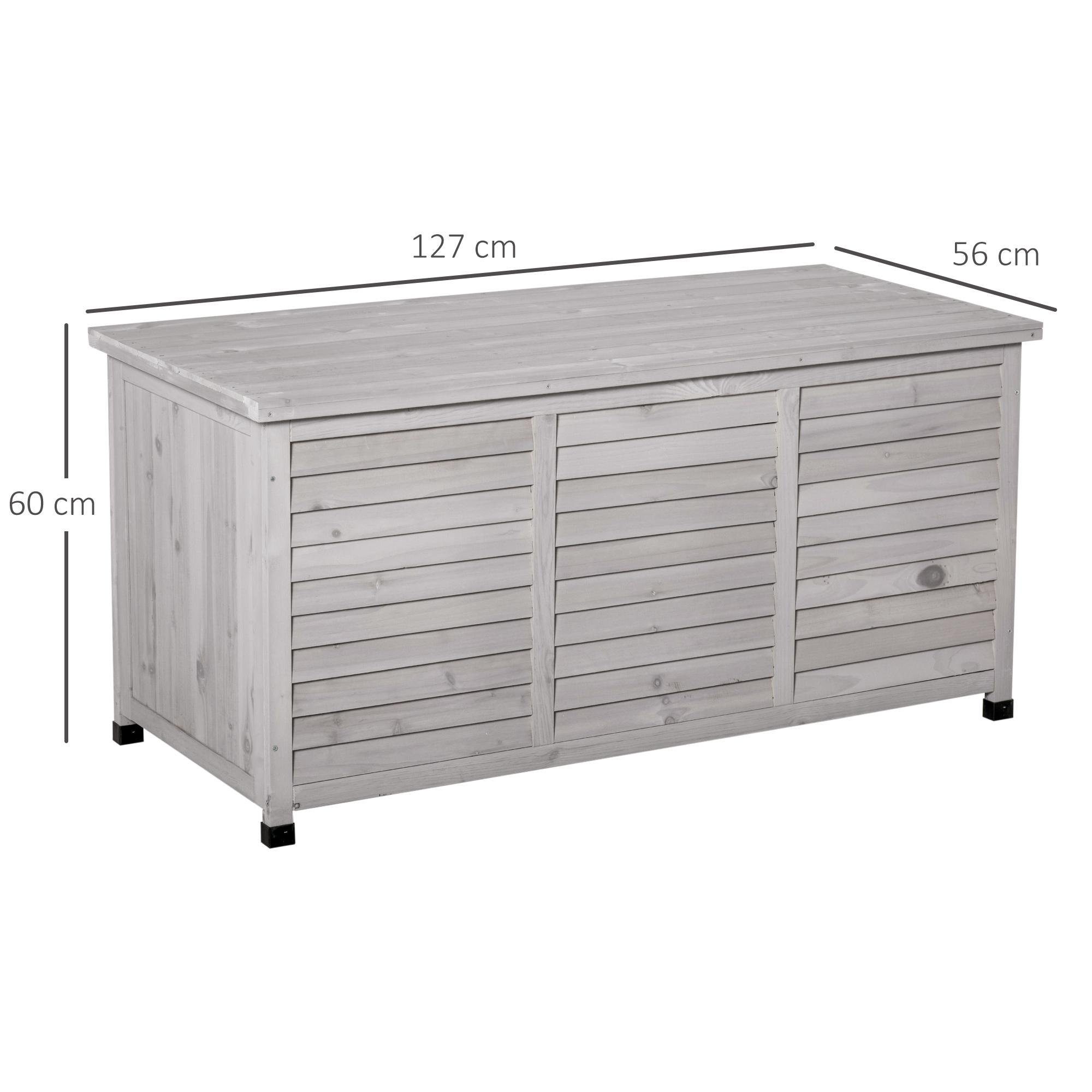 Eine Holz-Außenaufbewahrungsbox mit den Maßen: 127 cm lang, 56 cm breit und 60 cm hoch.