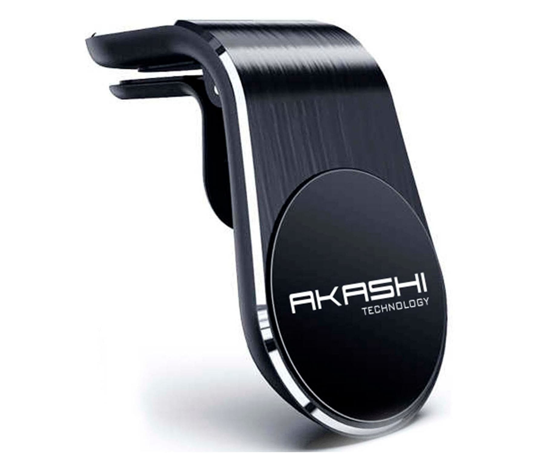 Primo piano di un supporto magnetico nero per telefono con il marchio AKASHI.