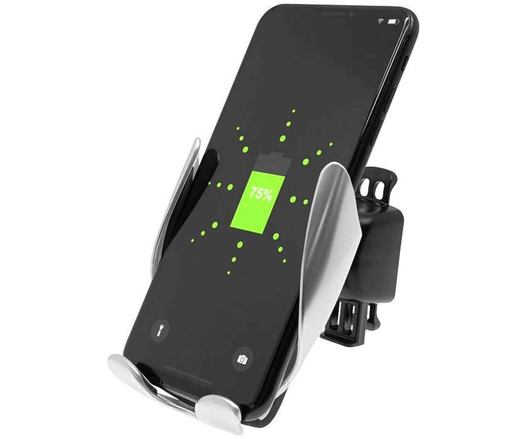 Un telefono che mostra il 75% di carica è montato in un supporto per auto nero e argento.