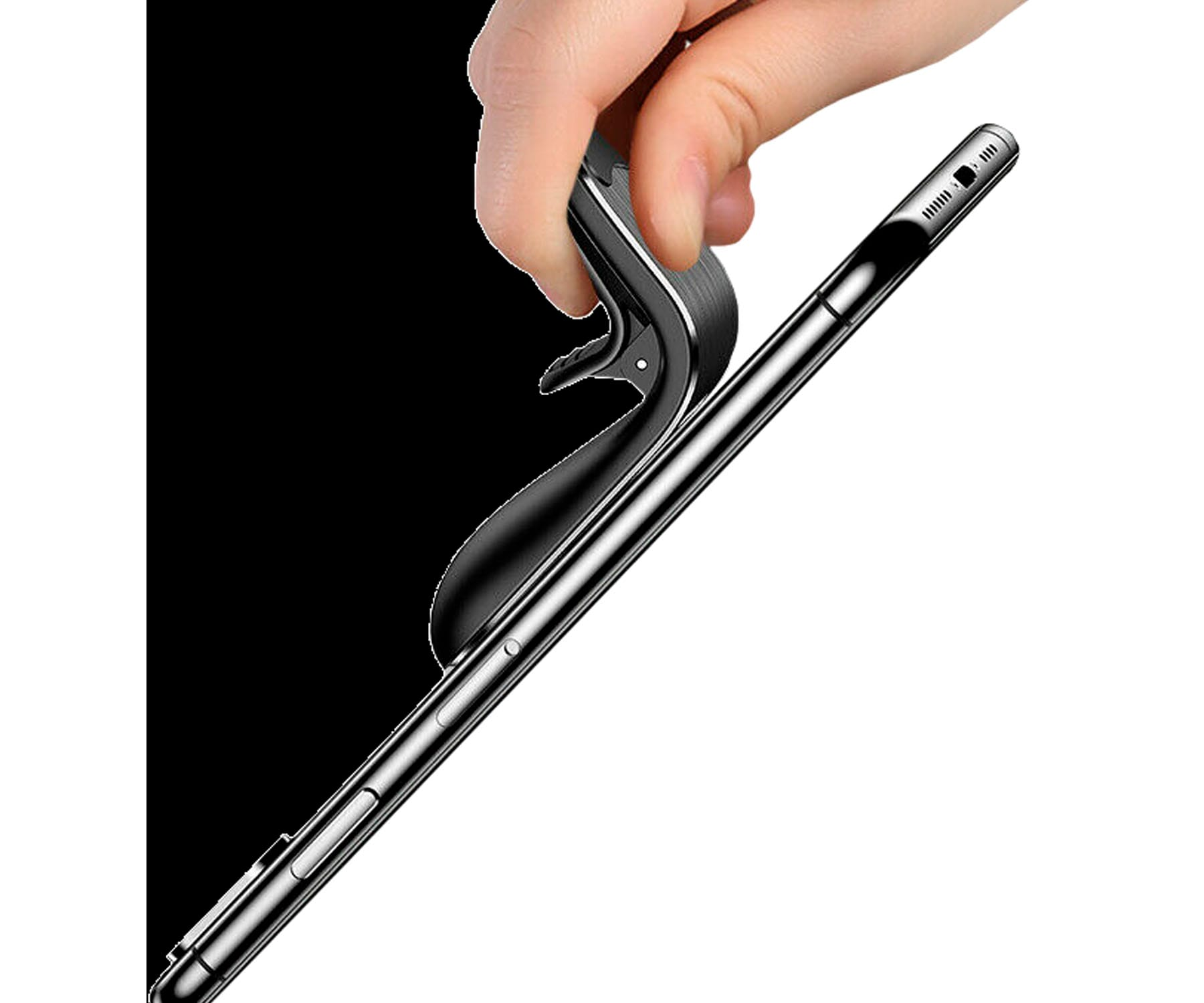 Una mano stacca una custodia nera da uno smartphone argentato, rivelando il lato del telefono.