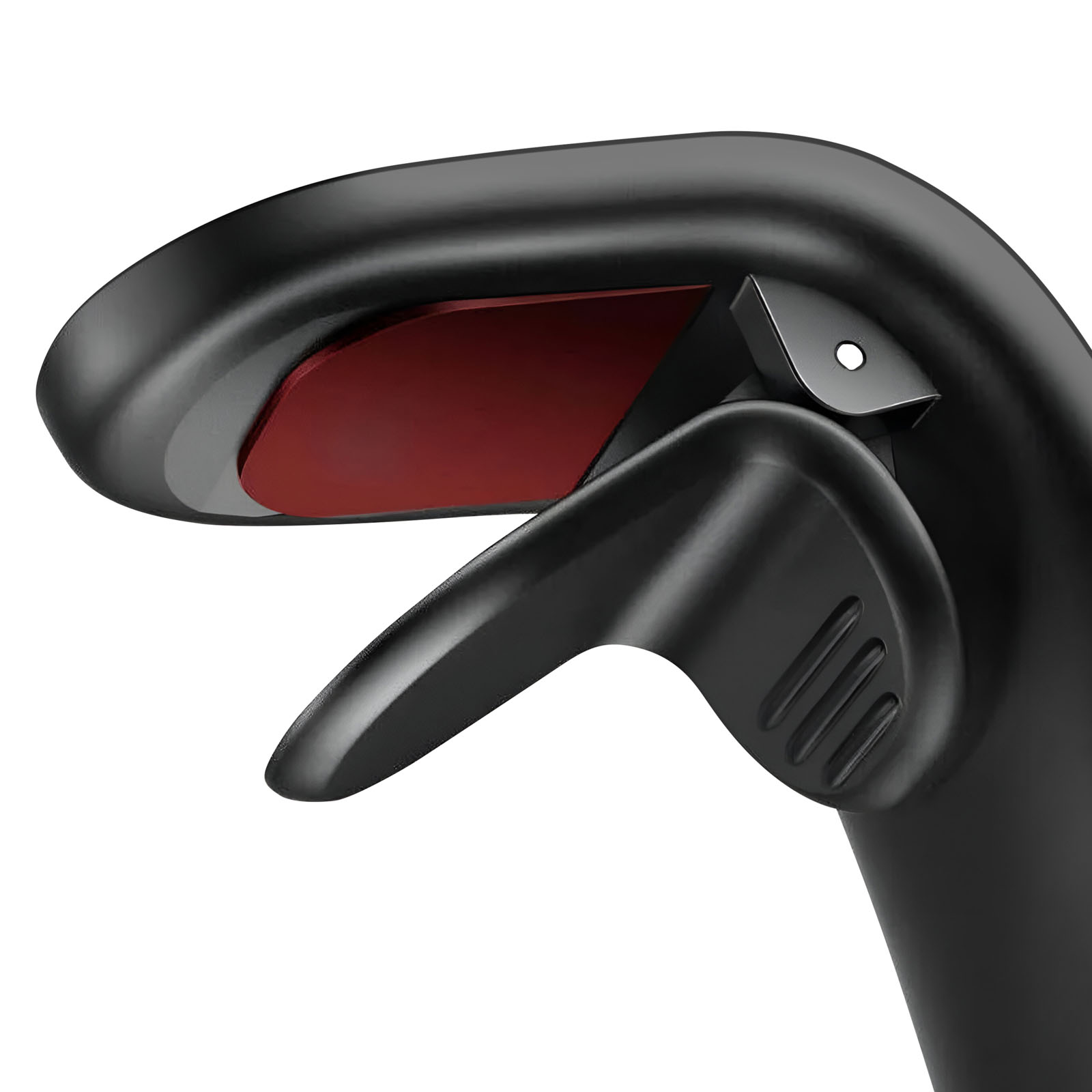 Primo piano di un supporto magnetico nero per telefono con interno rosso dove si attacca il telefono.