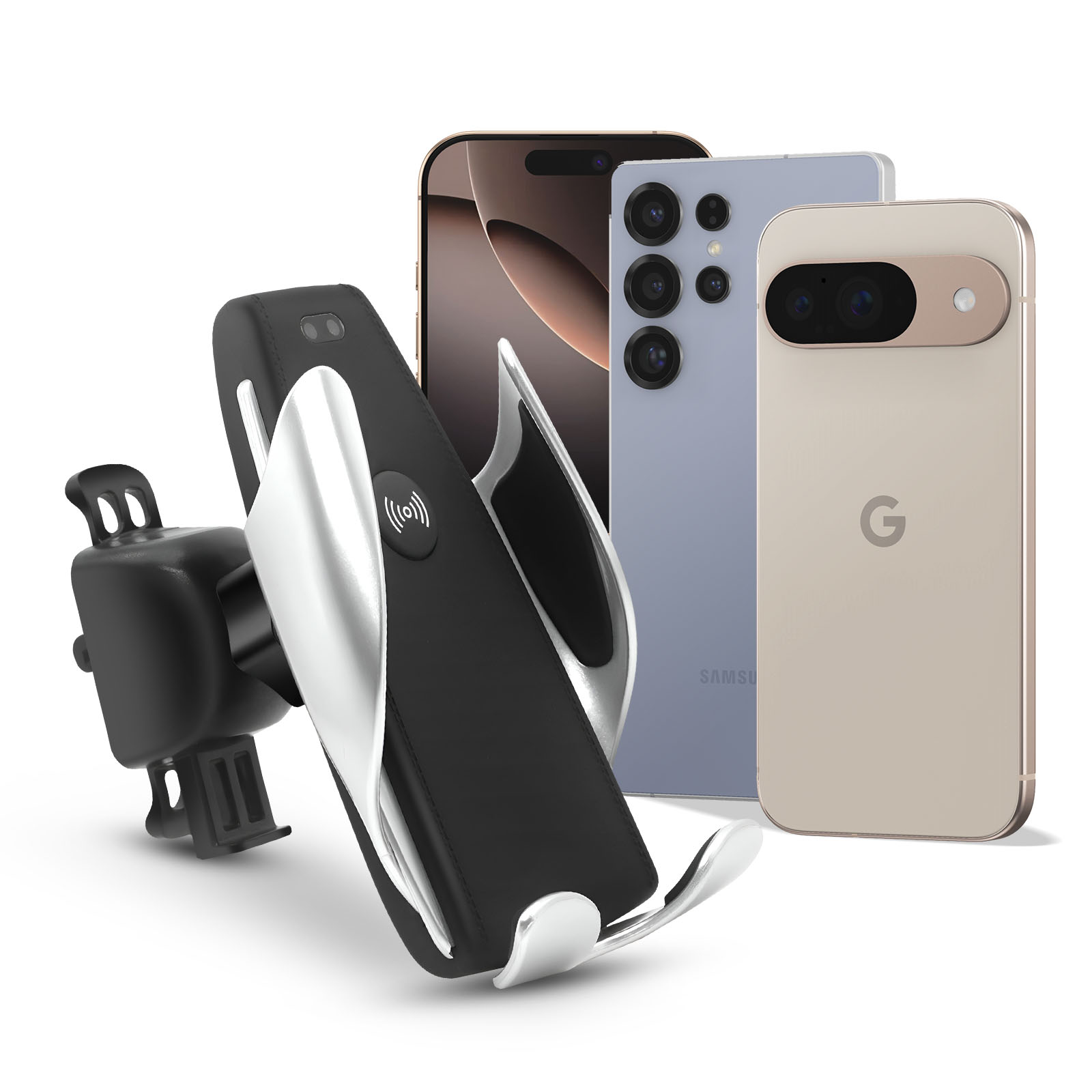 Un supporto per telefono con tre telefoni diversi: un Samsung, un iPhone e un Google Pixel.