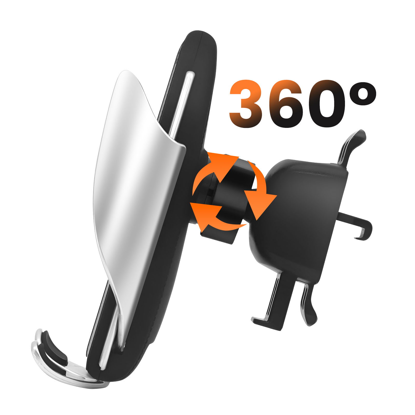 Un supporto per telefono che mostra una rotazione di 360 gradi. Le frecce mostrano la direzione di rotazione.