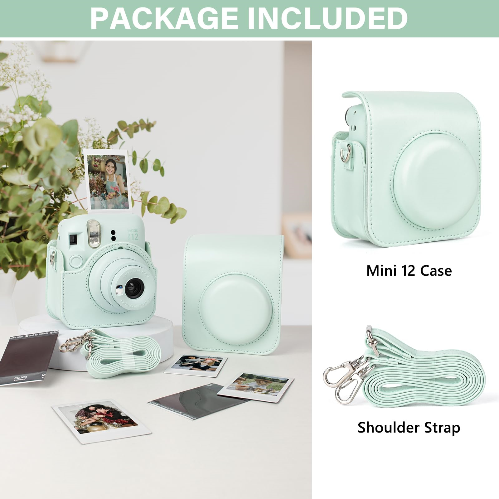 Mintgrüne Kamera mit Zubehör: Mini 12 Hülle, Schultergurt und Fotos.