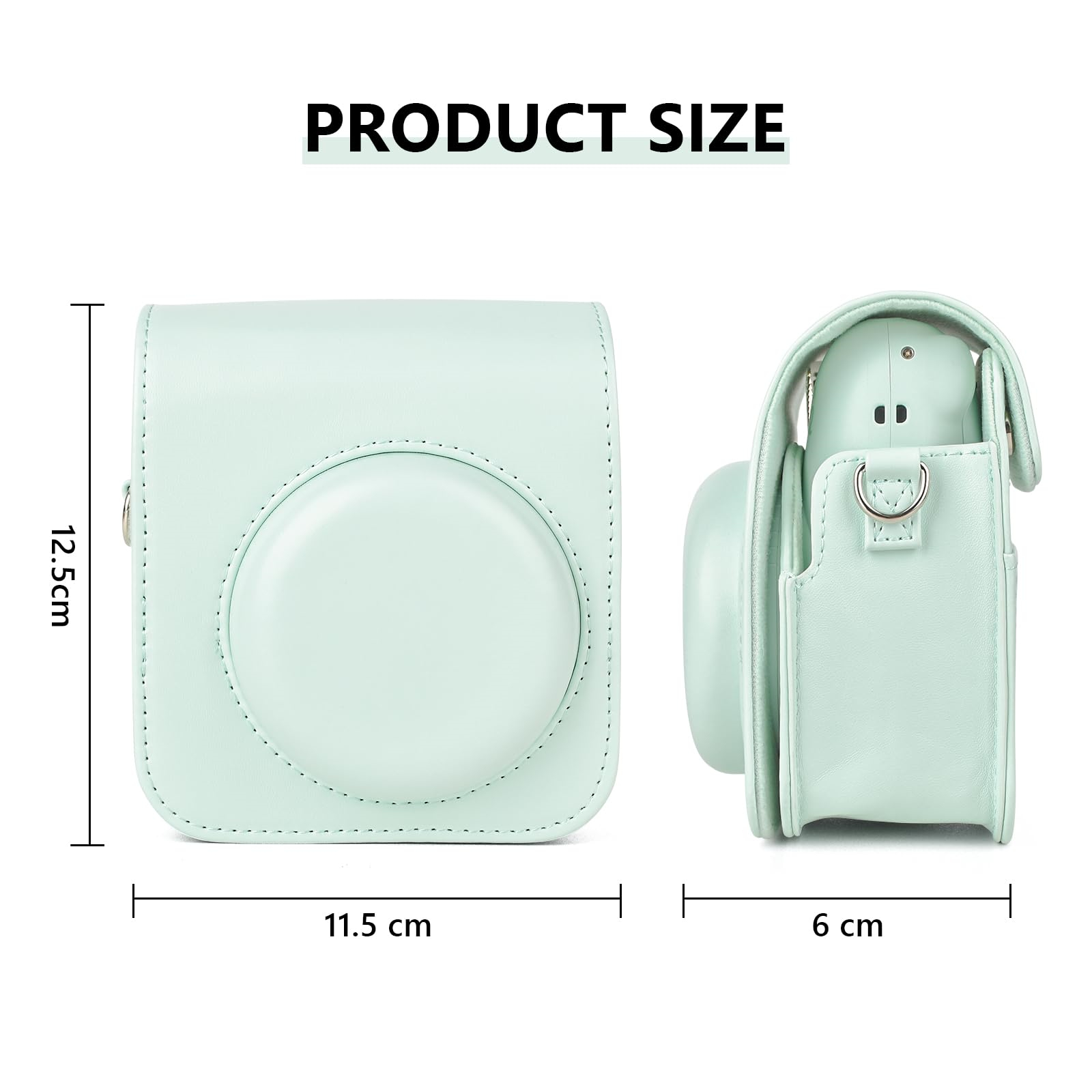 Produktgröße der mintgrünen Kameratasche. Die Abmessungen betragen 12,5 cm Höhe, 11,5 cm Breite und 6 cm Tiefe.