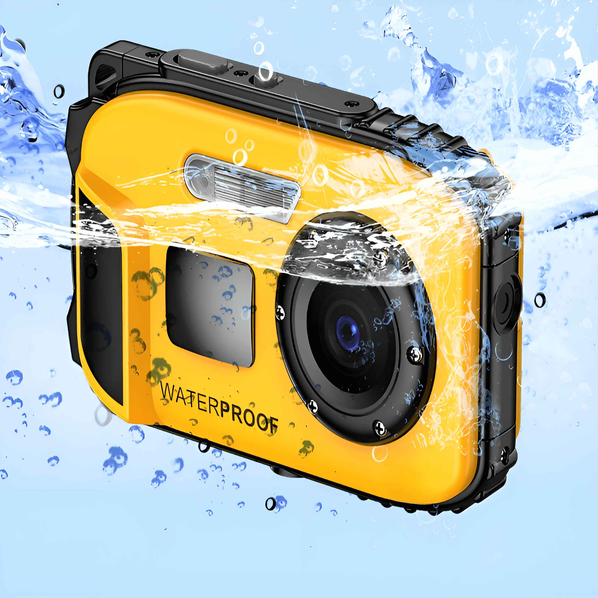 Eine gelbe wasserdichte Kamera, die in Wasser getaucht ist und Blasen einfängt.