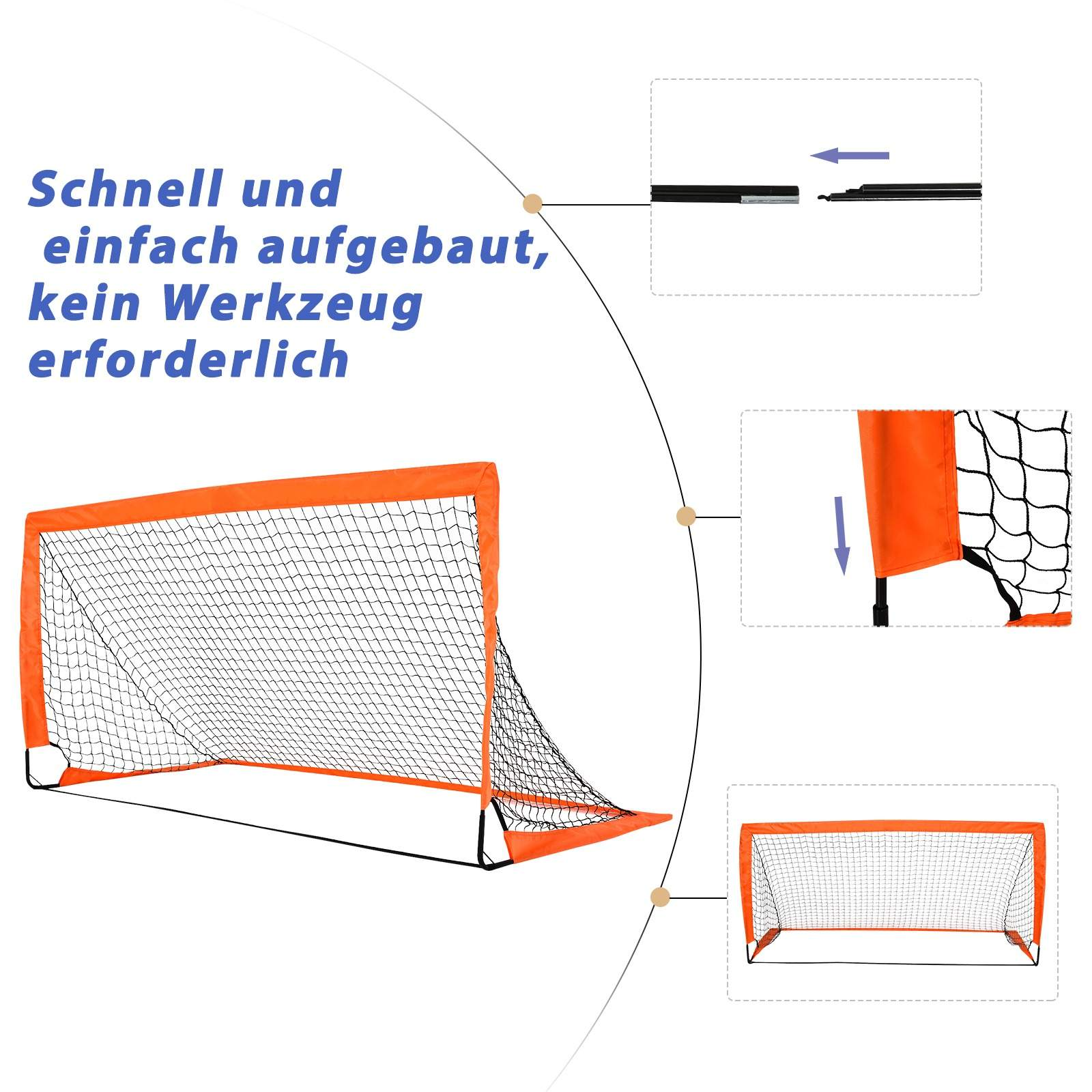 Ein Fussballtor wird montiert, mit deutschem Text, der eine einfache Montage anzeigt.