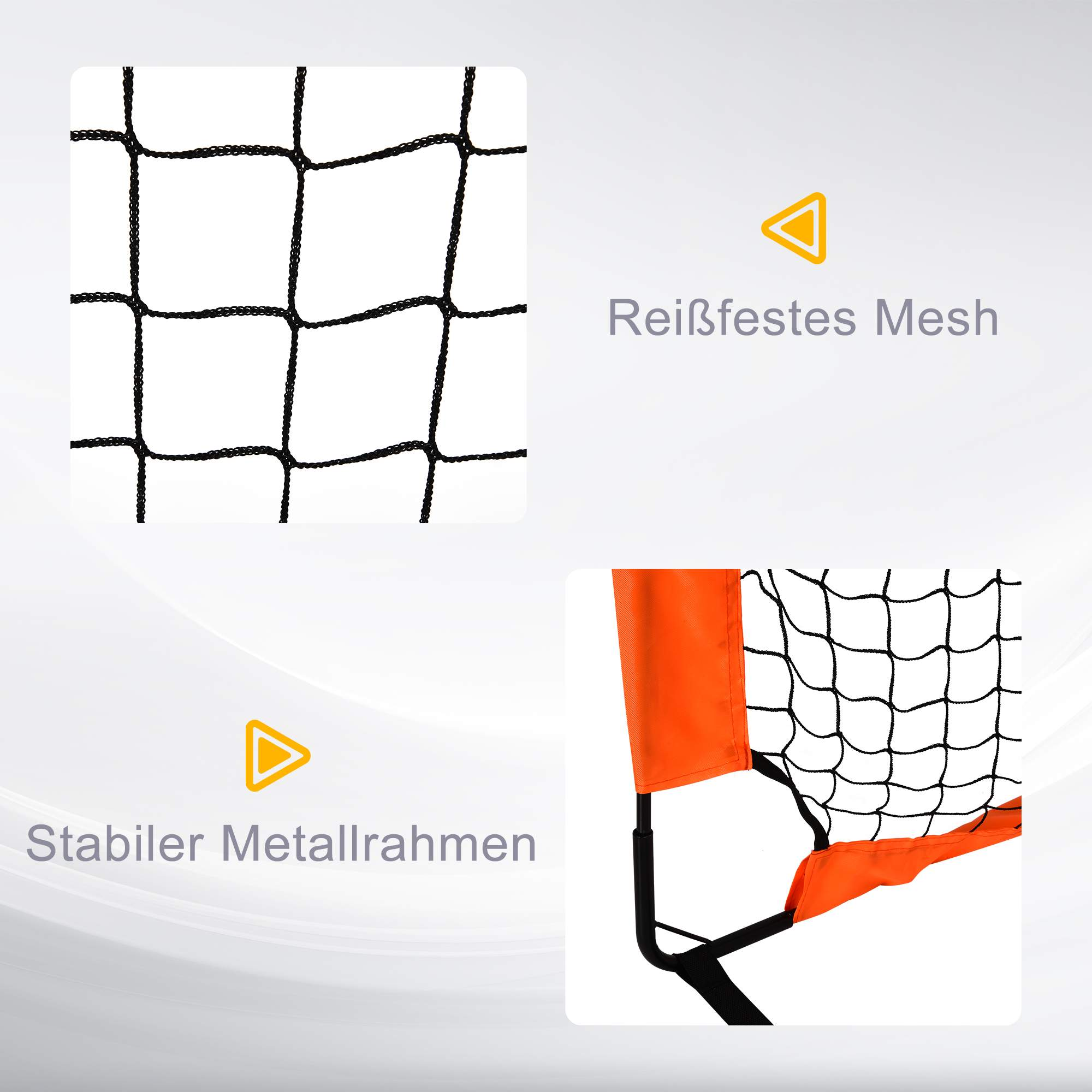 Nahaufnahme eines Fussballtornetzes mit deutschem Text, der das Netz und den Rahmen beschreibt.
